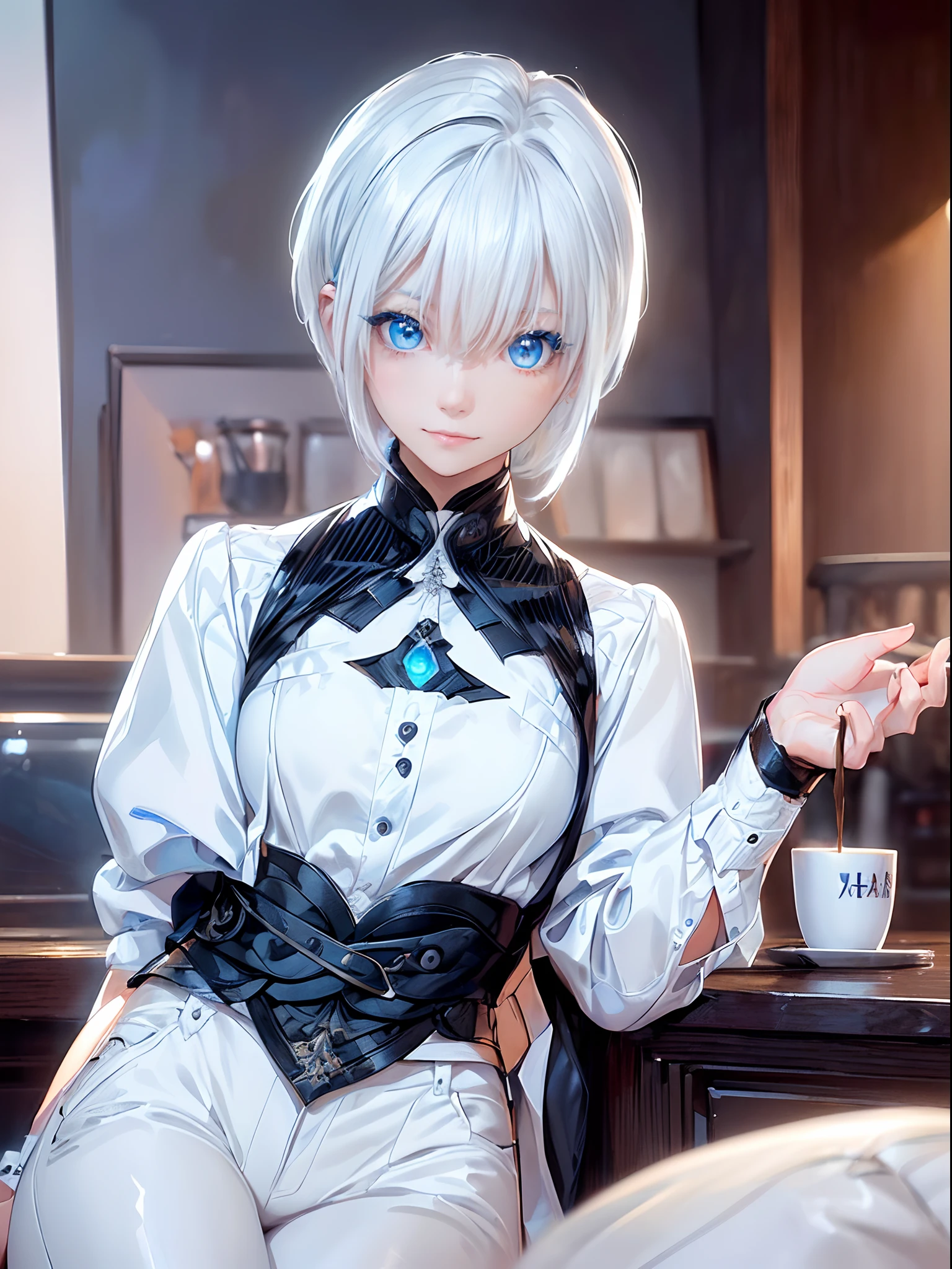 ((4K works))、​masterpiece、(top-quality)、1 beutiful girl、Slim body、tall、((Black Y-shirt and white pants、Charming street style))、(Detailed beautiful eyes)、Daytime coffee shop、((Bright coffee shop))、For a date at a fashionable coffee shop、((Face similar to Carly Rae Jepsen))、((Short-haired white hair))、((Smaller face))、((Neutral face))、((Bright blue eyes))、((American adult women))、((Adult female 26 years old))、((cool lady))、((Like a celebrity))、((Smiling expression))、((Korean Makeup))、((elongated and sharp eyes))、((Happy dating))、((boyish))、((Upper body photography))、Professional Photos、((Shot alone))