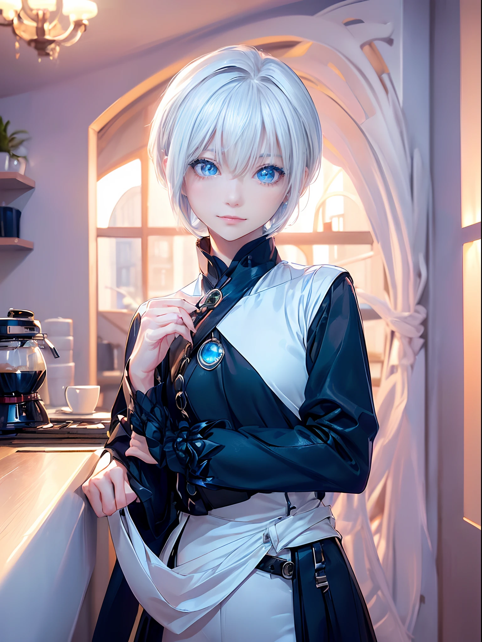 ((4K works))、masterpiece、(top-quality)、1 beutiful girl、Slim body、tall、((Black Y-shirt and white pants、Charming street style))、(Detailed beautiful eyes)、Daytime coffee shop、((Bright coffee shop))、For a date at a fashionable coffee shop、((Face similar to Carly Rae Jepsen))、((Short-haired white hair))、((Smaller face))、((Neutral face))、((Bright blue eyes))、((American adult women))、((Adult female 26 years old))、((cool lady))、((Like a celebrity))、((Smiling expression))、((Korean Makeup))、((elongated and sharp eyes))、((Happy dating))、((boyish))、((Upper body photography))、Professional Photos、((Shot alone))