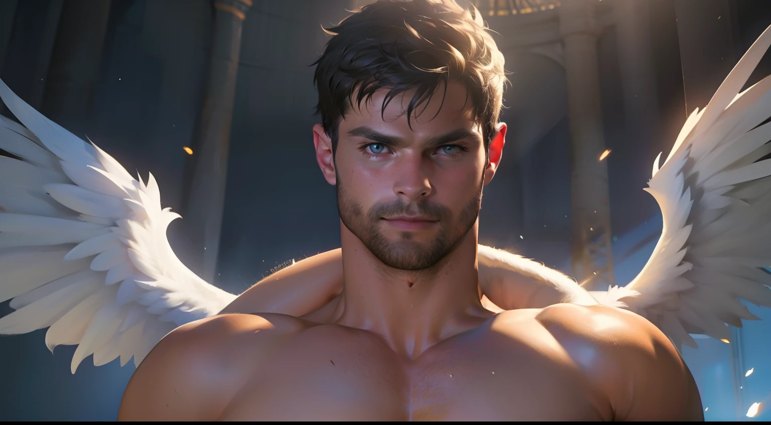 Man with large white feather wings on his back, large wings, Jamie Dornan, eyes of light, wearing a short black beard, wearing a Golden Crown, focus on the details of the face, rays coming out, serious and attractive man, shirtless, showing his chest , magical and real effect, film cover, with magical light explosions, powerful celestial warrior, similar to actor Jamie Dornan, orange magical sky image background, (8k, RAW photo, best quality, masterpiece: 1.2), (realistic, photorealistic: 1.37), professional lighting.