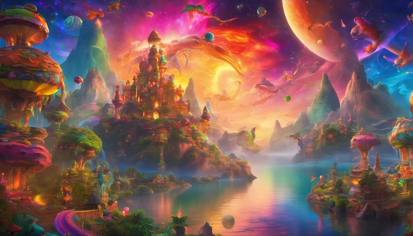 (best quality,4k,8k,highres,masterpiece:1.2),ultra-detailed,(realistic,photorealistic,photo-realistic:1.37),dreamworld,colorful music,riding dinosaurs,performing ninjas,airships in sky with beautiful galaxy,ninjas jumping and flying,ancient city with towering buildings,magical floating islands,lush greenery,sparkling waterfalls,twinkling stars,ethereal atmosphere,vibrant colors,impressive lighting,huge creatures,whimsical landscapes,awe-inspiring scenery,mystical energy,magical aura,surreal settings,mesmerizing harmony,awe-inspiring beauty,dynamic composition,harmonious blend of elements,immersive experience,visually stunning,magical and intriguing.