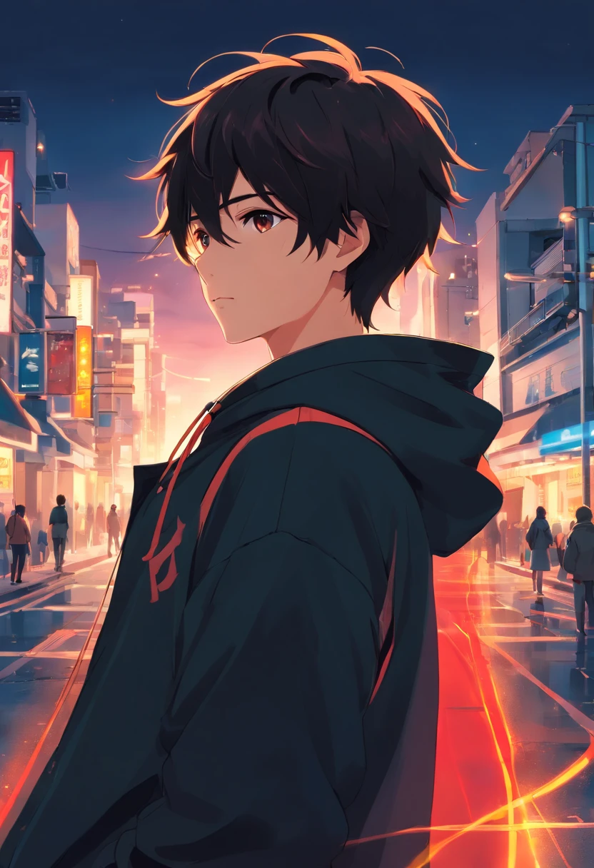 Top Quality, Masterpiece, High Resolution, 8k, black hoodie and anime style boy, one boy, detail line art, dark black and bright red amber style, digital enhancement, close up, anime core, flowing fabric