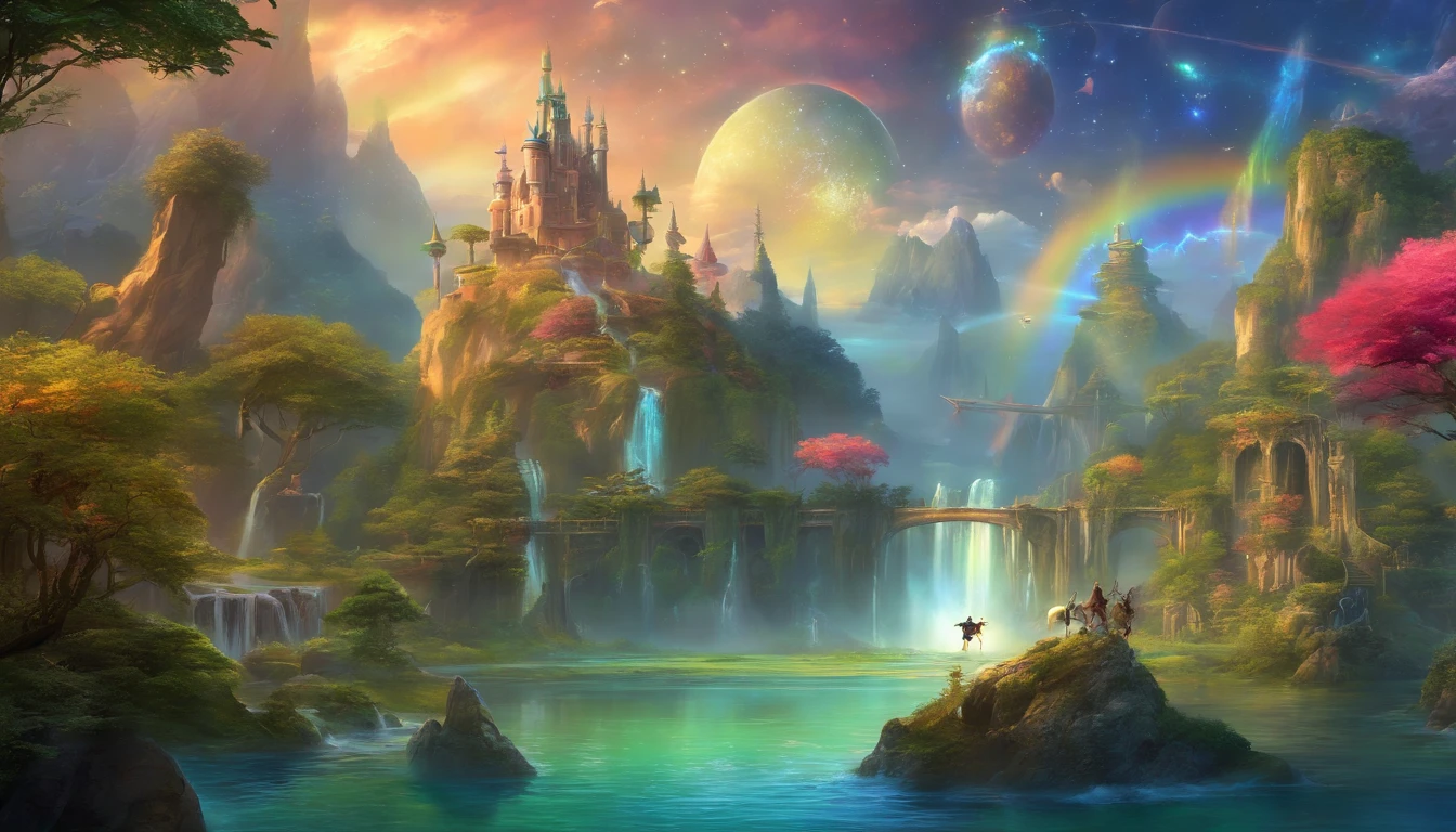(best quality,4k,8k,highres,masterpiece:1.2),ultra-detailed,(realistic,photorealistic,photo-realistic:1.37),dreamworld,colorful music,riding dinosaurs,performing ninjas,airships in sky with beautiful galaxy,ninjas jumping and flying,ancient city with towering buildings,magical floating islands,lush greenery,sparkling waterfalls,twinkling stars,ethereal atmosphere,vibrant colors,impressive lighting,huge creatures,whimsical landscapes,awe-inspiring scenery,mystical energy,magical aura,surreal settings,mesmerizing harmony,awe-inspiring beauty,dynamic composition,harmonious blend of elements,immersive experience,visually stunning,magical and intriguing.