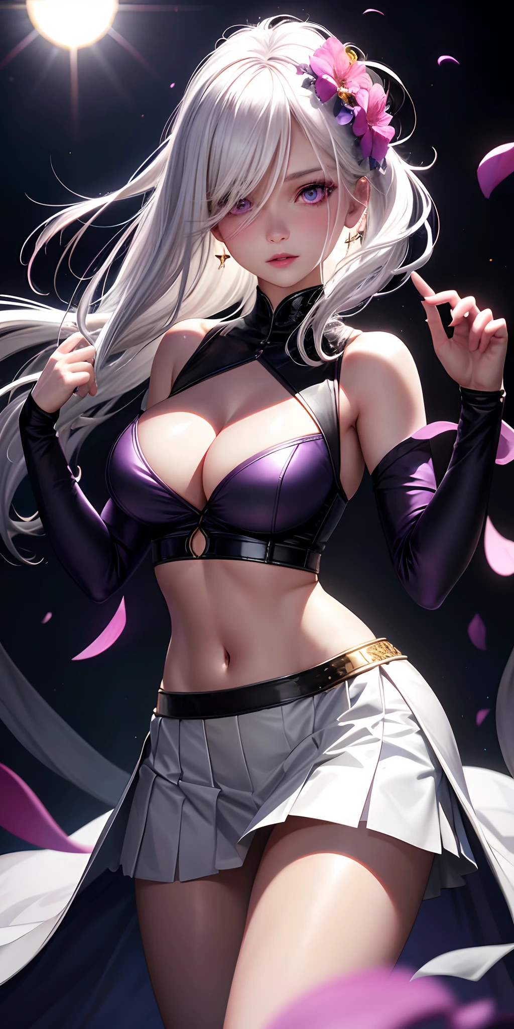 realistic, 1girl, white hair, purple eyes, glowing eyes, crop top, skirt, parted lips, blush, night, flowers, sun, sunlight, cleavage, medium breasts, sexy