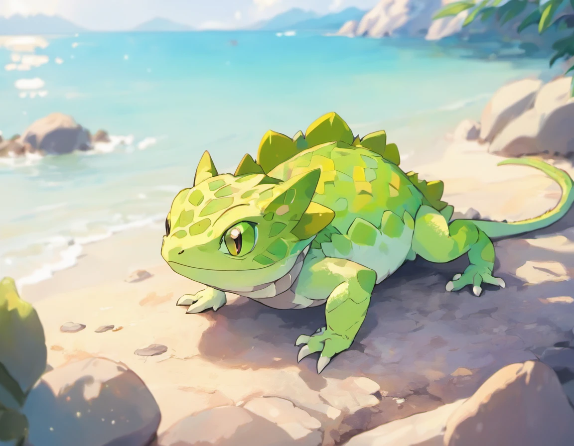 High-quality image quality,reptil、lizard、Eyelash horned lizard、a color,Lily White,Lying on the rocks