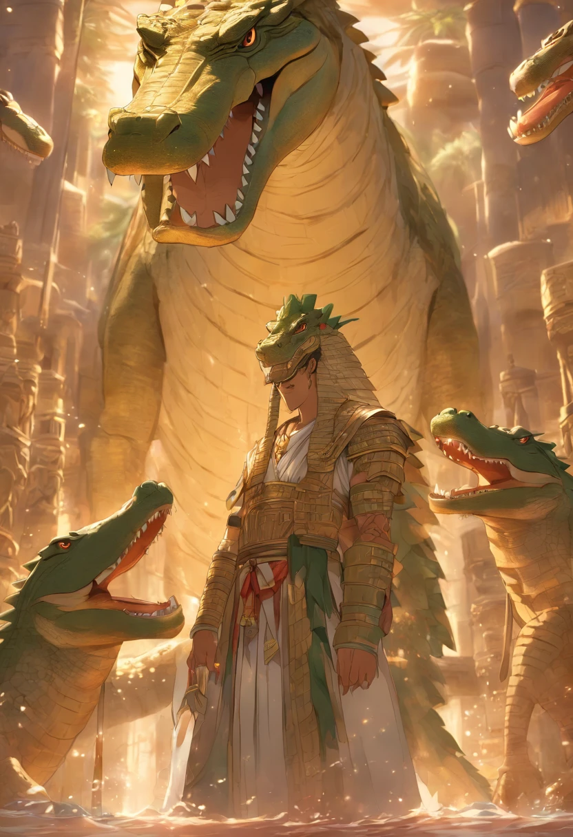 (((Man body and crocodile head))) best quality, ultra-high resolution, 4K detailed CG, masterpiece, Egyptian mythology, Sobek, sunrise, Ancient Egypt, standing pose, bird head, white clothes, Egyptian clothes, underworld, stream, Nile river, river, desert, Ancient Egypt, ((crocodile head, man's body)), sunrise, aesthetics, beautiful image, centered on screen, standing pose, sun being born