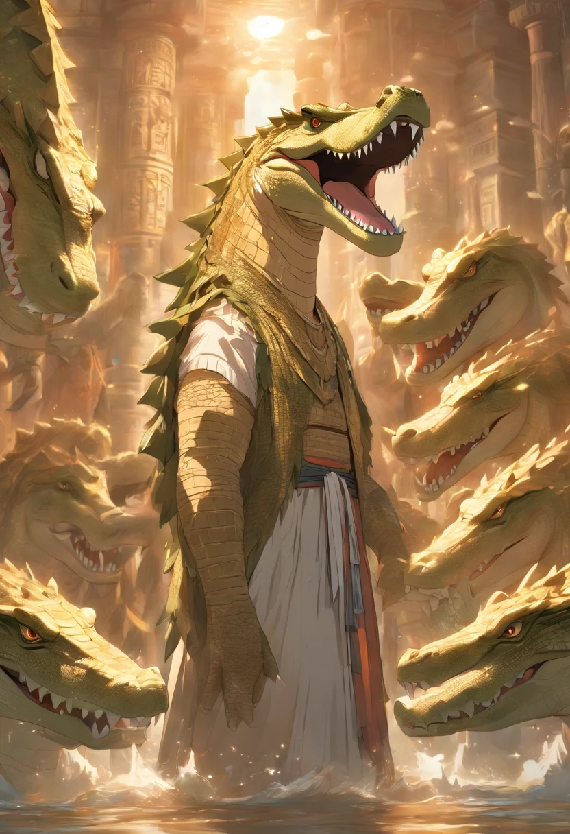 (((Man body and crocodile head))) best quality, ultra-high resolution, 4K detailed CG, masterpiece, Egyptian mythology, Sobek, sunrise, Ancient Egypt, standing pose, bird head, white clothes, Egyptian clothes, underworld, stream, Nile river, river, desert, Ancient Egypt, ((crocodile head, man's body)), sunrise, aesthetics, beautiful image, centered on screen, standing pose, sun being born