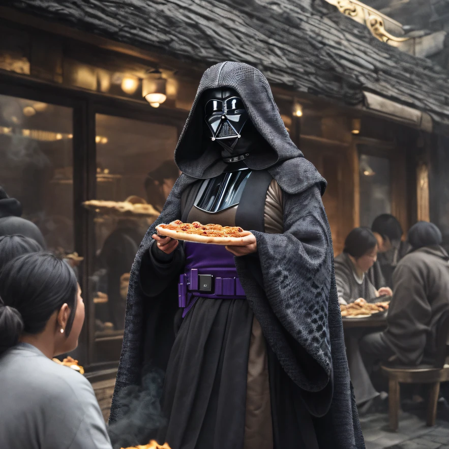 hori_Vader eating pizza at a restaurant ,joyfully、Purple smoke、cinematic cgsociety,,combat scene、Chinese big breasts、Quaint、three kingdom、ember、100 people、Faraway view、intense battles、high detal、masuter piece、NSFW,gold, Black silk, Silk long sleeved gauze shirt,Quick-drying vest,Linen sweater,Python cloak