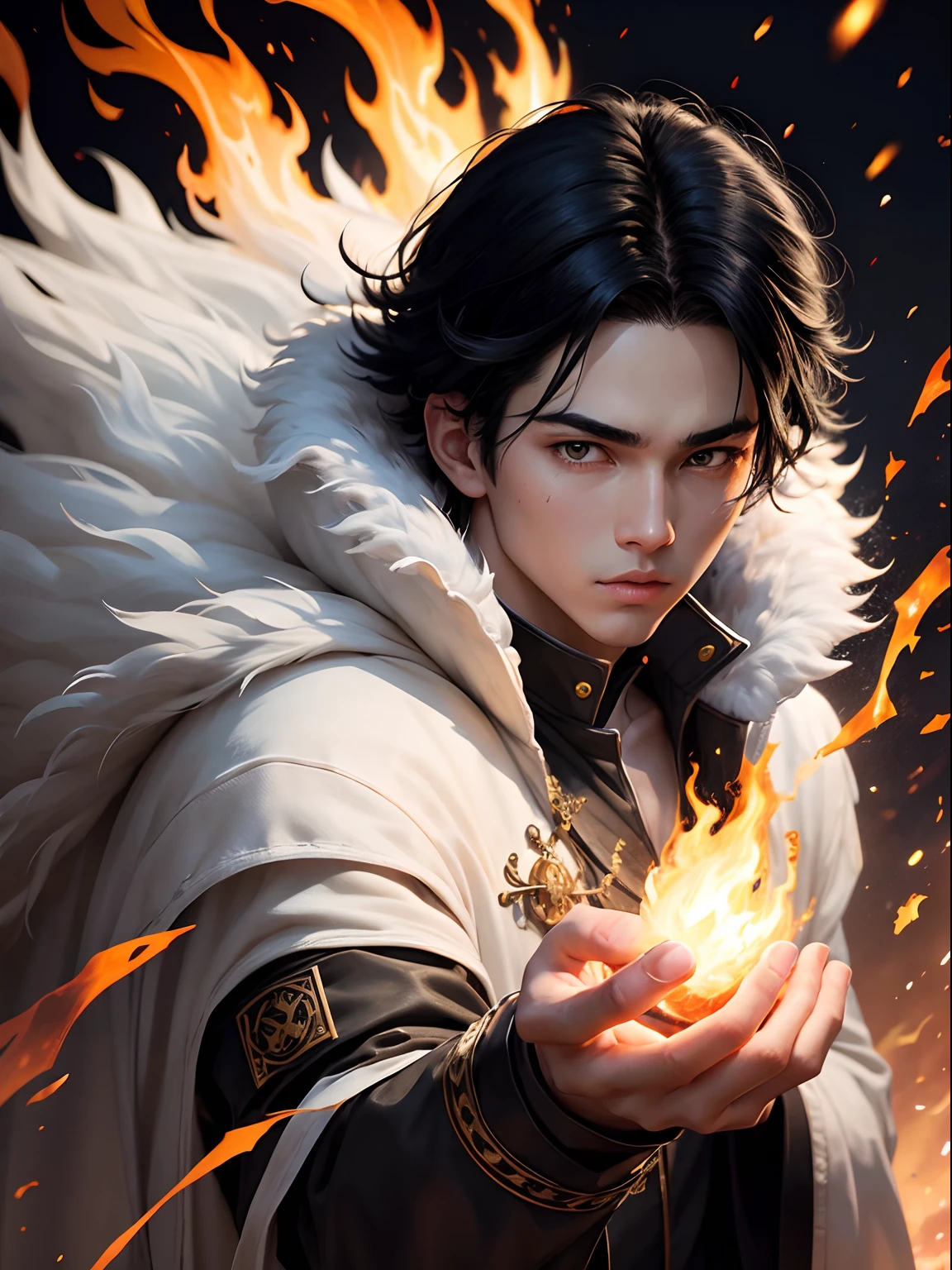 Black hair black eyes、Young man generating flames from his right hand、5Finger、Hanging eyes、hair that stands on end、White feather costume、Fur clothing、sparks、Manteau、The background is a burning residential area、Realistic depiction、realisitic
