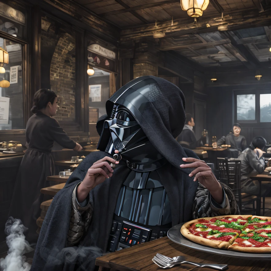 hori_Vader eating pizza at a restaurant ,joyfully、Purple smoke、cinematic cgsociety,，combat scene、Chinese big breasts、Quaint、three kingdom、ember、100 people、Faraway view、intense battles、high detal、masuter piece、NSFW，gold, Black silk, Silk long sleeved gauze shirt，Quick-drying vest，Linen sweater，Python cloak