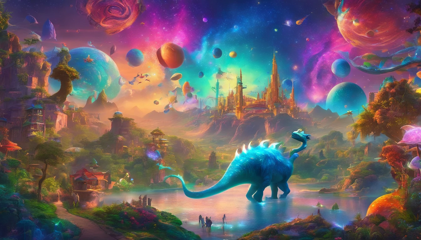 (best quality,4k,8k,highres,masterpiece:1.2),ultra-detailed,(realistic,photorealistic,photo-realistic:1.37),dreamworld,colorful music,riding dinosaurs,performing ninjas,airships in sky with beautiful galaxy,ninjas jumping and flying,ancient city with towering buildings,magical floating islands,lush greenery,sparkling waterfalls,twinkling stars,ethereal atmosphere,vibrant colors,impressive lighting,huge creatures,whimsical landscapes,awe-inspiring scenery,mystical energy,magical aura,surreal settings,mesmerizing harmony,awe-inspiring beauty,dynamic composition,harmonious blend of elements,immersive experience,visually stunning,magical and intriguing.