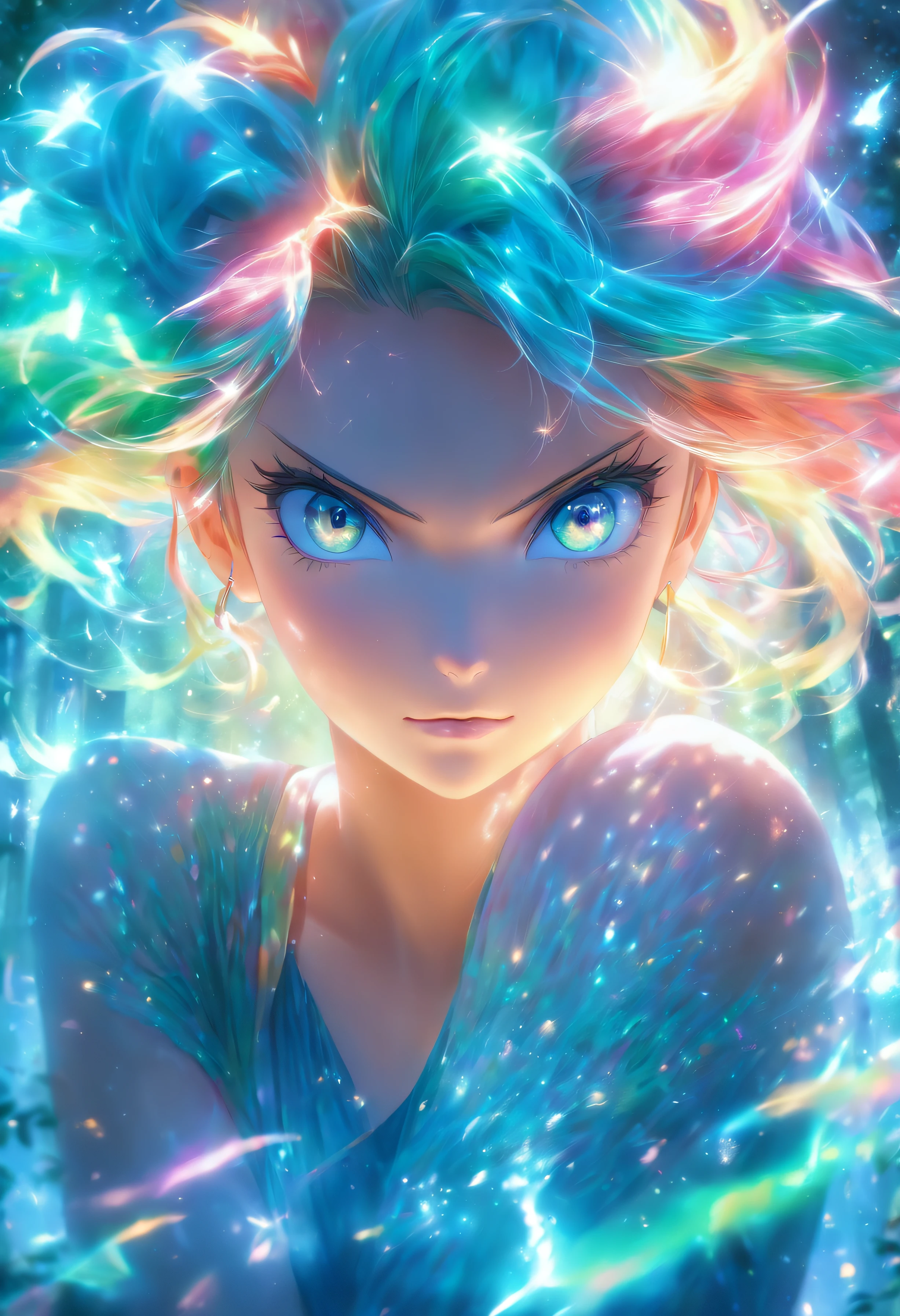 (bestquality,10,10,highres,masterpiece:1.2),ultra-detail,(Realistic,photorealistic portrait,photo-realistic:1.37),Female with teal eyes glowing,Rainbow hair,Cast a glow spell.,Mysterious Forest,illustration,Charming atmosphere,vibrant colours,gentle lighting,Fair-skinned,large boobs