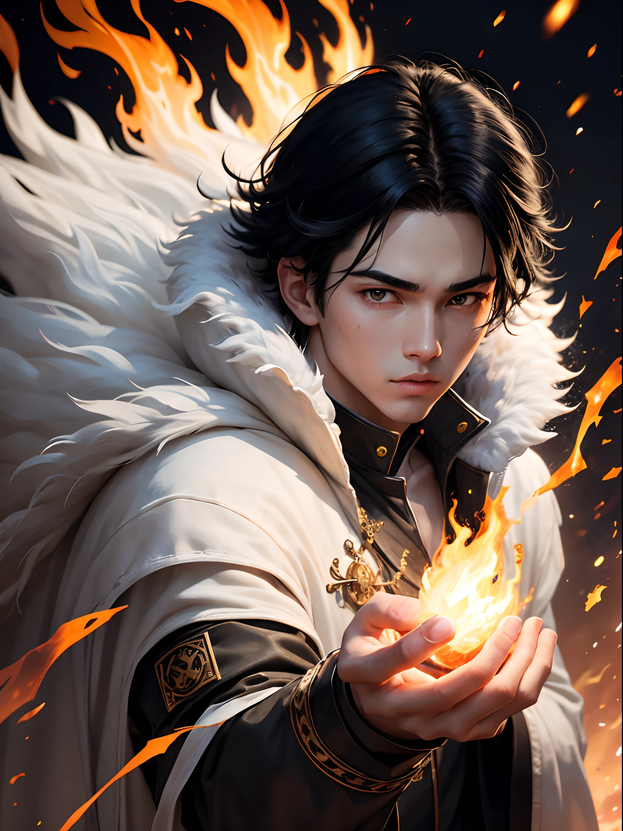 Black hair black eyes、Young man generating flames from his right hand、5Finger、Hanging eyes、hair that stands on end、White feather costume、Fur clothing、sparks、Manteau、The background is a burning residential area、Realistic depiction、realisitic