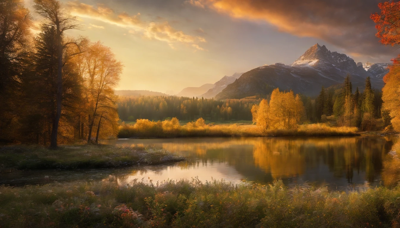 best quality,4k,highres,ultra-detailed,realistic,landscape,beautiful detailed scenery,nature park,peaceful atmosphere,towering mountains,lush greenery,twinkling sunlight,tranquil lake,crystal clear water,flowing river,cascading waterfall,colorful wildflowers,gently swaying trees,serene wildlife,soothing breeze,vivid colors,soft morning glow, golden sunset, breezy meadow,stunning panoramic view,harmony with nature.