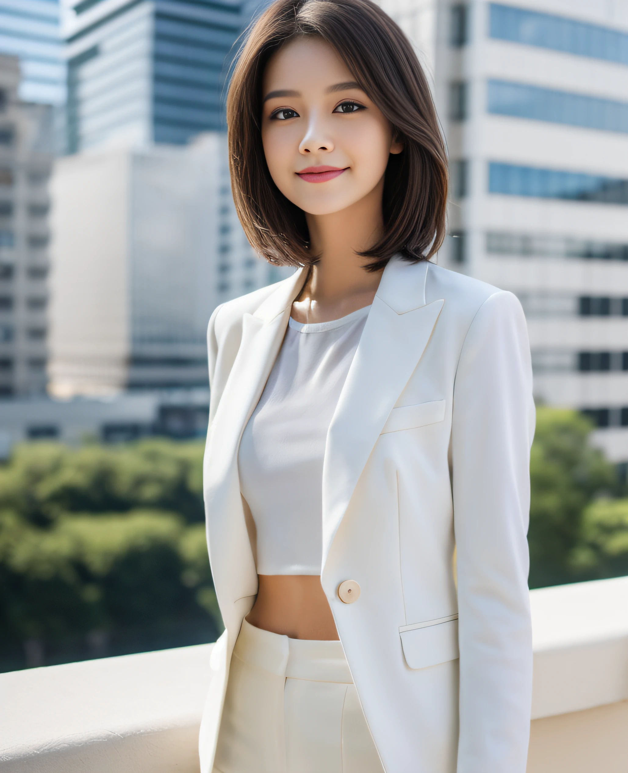 ((Best Quality, 8k, Masterpiece: 1.3)), 1 girl, smile, full body, slim face, pretty woman, short dark brown hair, white crisp shirt on upper body, black straight suit pants on upper body, high heels, super detailed face, detailed eyes, double eyelids, blurred background, slim face, tall building