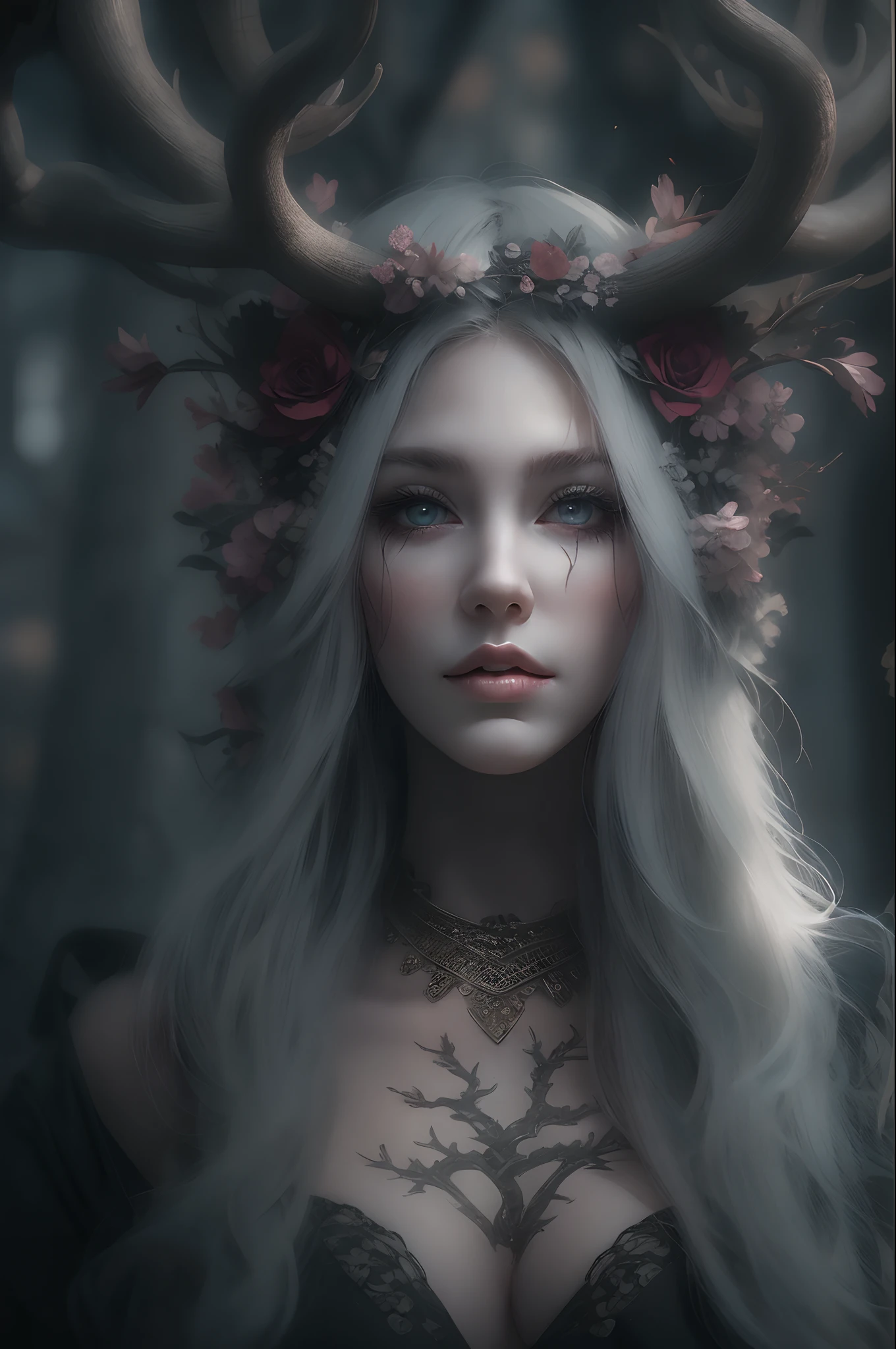 (Masterpiece: 1.2), (Gloomy color scheme), Beauty with long gray hair, Realistic eyes, beatiful face, Beautiful girl with a perfect body, Druid, with large deer antlers on the head, long straight hair, Flowers, entwined with branches, (The body is wrapped in black bandages), 8K high-quality detailed graphics, ((perfect anatomy)), stunning digital illustration, (Body symmetry: 1.2), Upper torso. Gray gloomy background, Dark Forest. Gloomy and hopeless, Dark dramatic lighting, vignette, Depth of field.