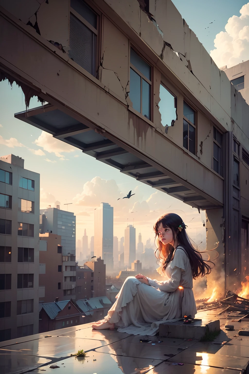 Generate a poignant digital illustration capturing the resilience of a young girl amidst the aftermath of a war. She sits atop a partially ruined building, her eyes brimming with tears, gazing at ethereal, comforting figures that resemble her parents. The spirits of her mother and father stand beside her, their transparent forms emanating love and protection. The scene conveys a sense of profound loss and the enduring strength of the human spirit, emphasizing the bond between the living and the departed in a time of hardship --auto --s2