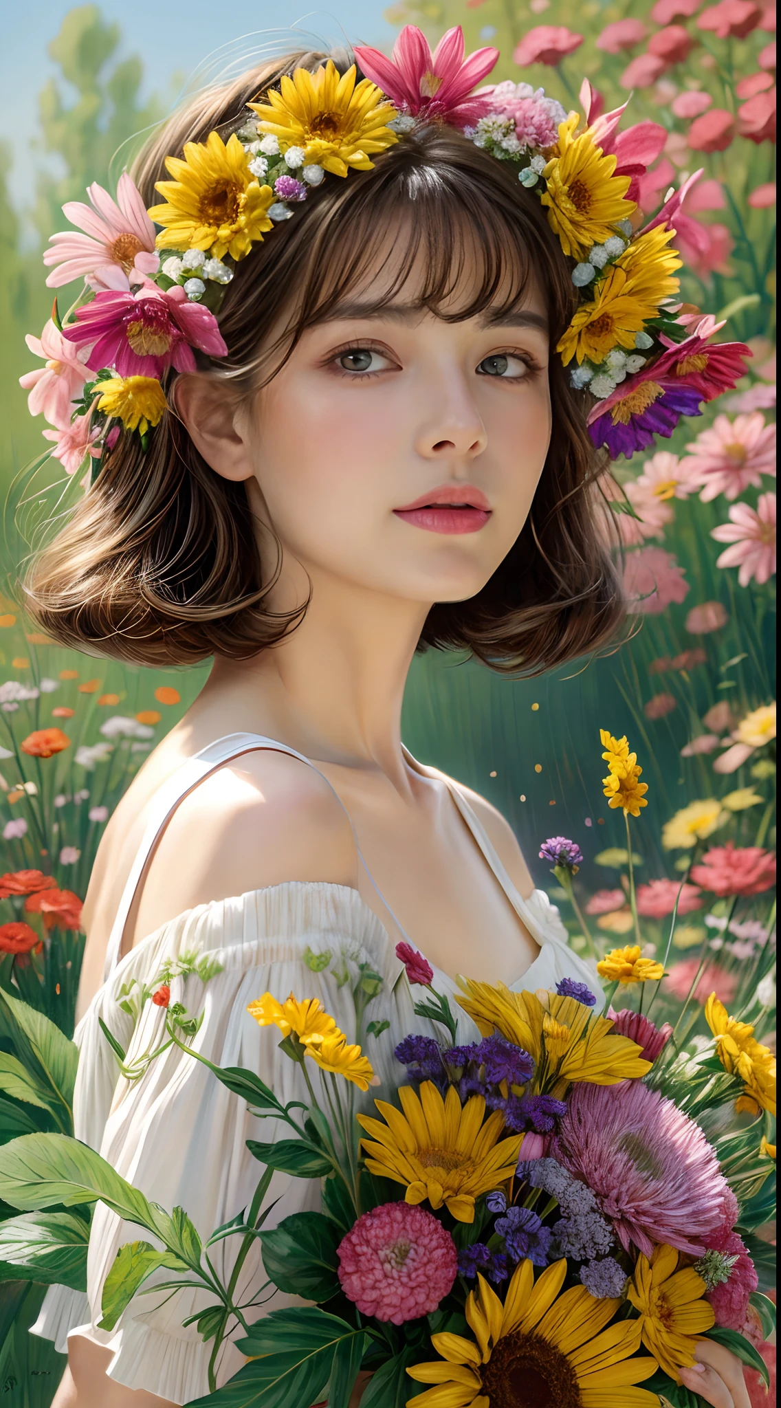 commercial illustration of a woman dressed in flowers with flowers in her hair, in the style of artgerm, vibrant palette knife, franciszek starowieyski, michael malm, captures the essence of nature, sun-kissed palettes, illustration --ar 58:77 --s 750 --style raw , midshot, black short hair with bangs, eyes on camera