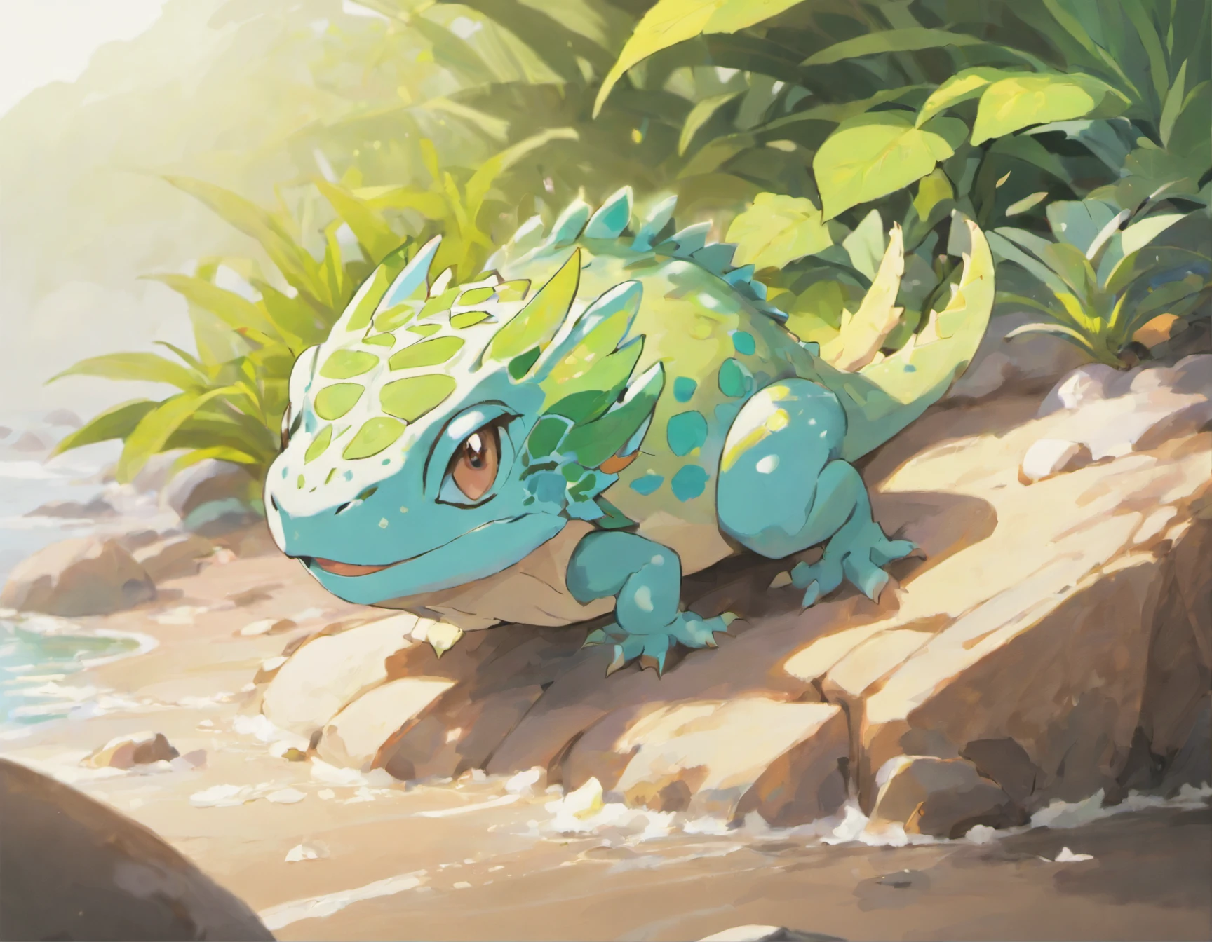 High-quality image quality，reptil、lizard、Eyelash horned lizard、a color，Lily White，Lying on the rocks