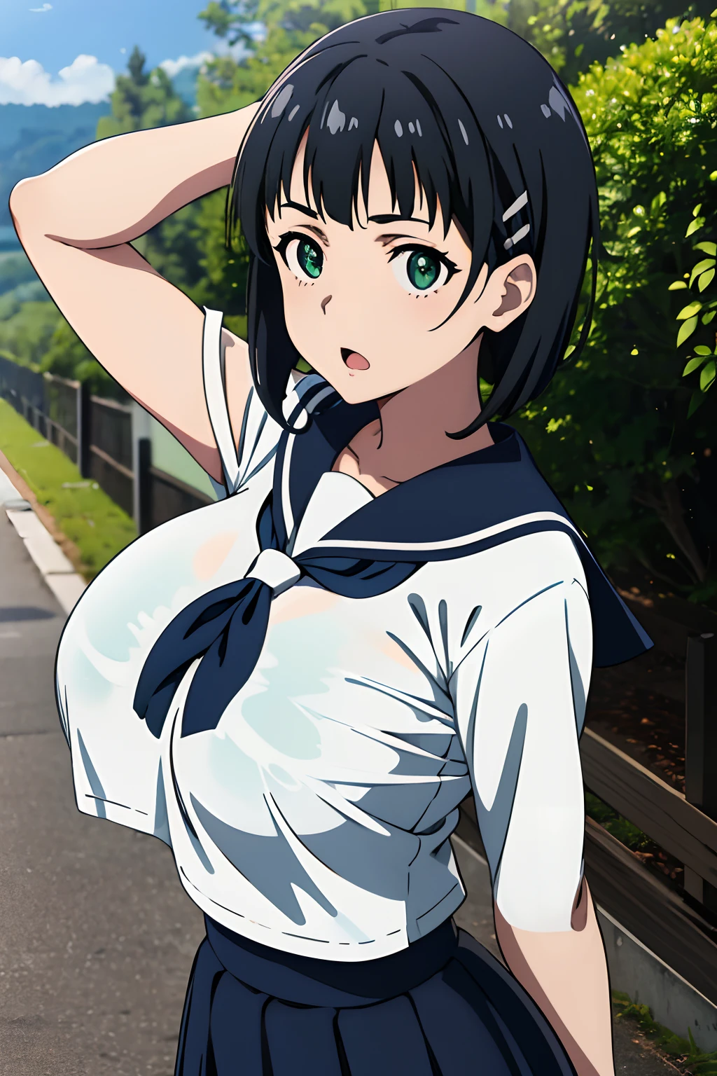 very huge tits, sailor school uniform, Naoha Kirigaya(sword art online), 1girl, bob hair, black hair, hairclip, ​masterpiece, green eyes, top-quality, A sexy、school、dynamic angle, view at camera, half body, open mouth,