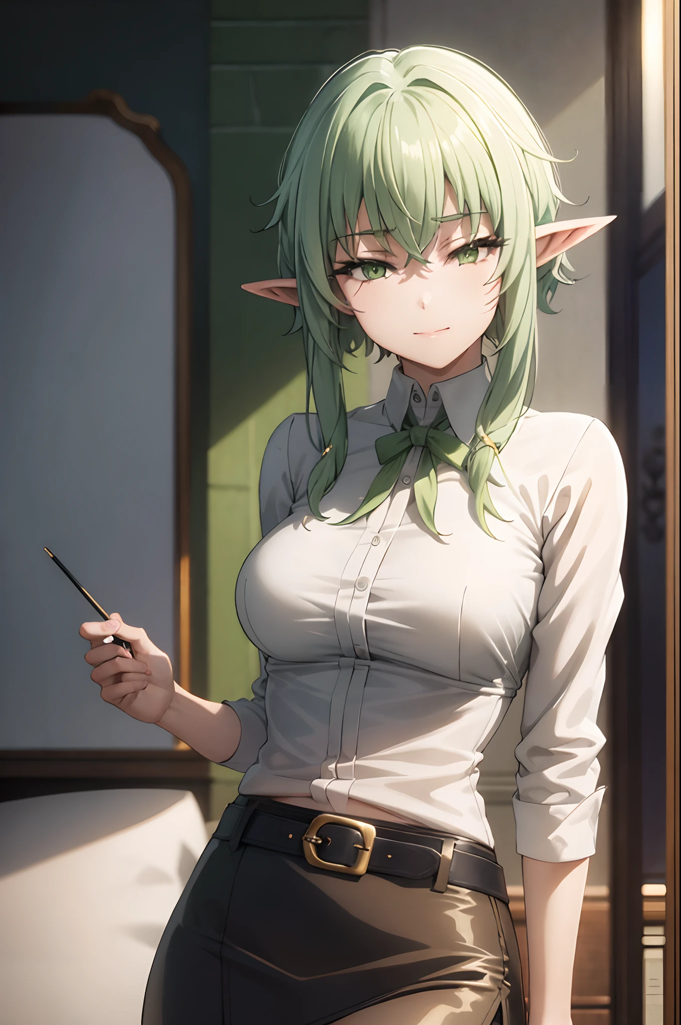 smug
half-closed eyes,pointy ears, green hair, green eyes, short hair, short hair with long locks, 1girl, office lady, collared shirt, pencil skirt, pantyhose, office, view from below, beautiful face, masterpiece, best quality, Highly detailed, 8K, wallpaper,