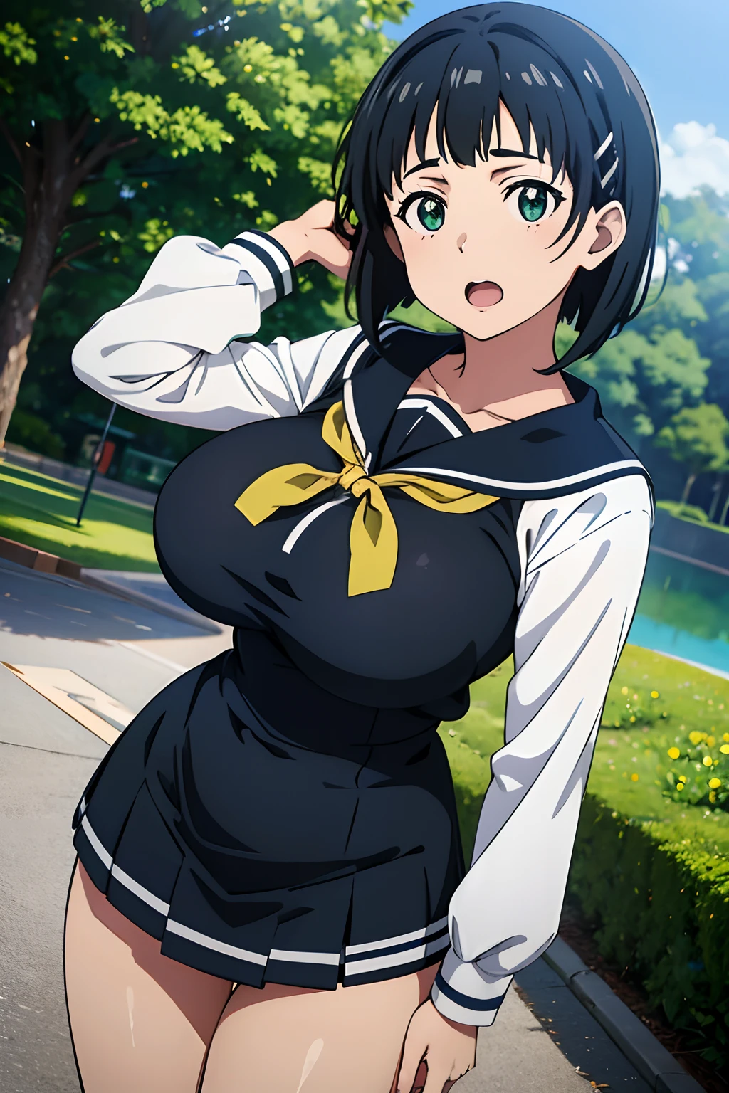 very huge tits, sailor school uniform, Naoha Kirigaya(sword art online), 1girl, bob hair, black hair, hairclip, ​masterpiece, green eyes, top-quality, A sexy、school、dynamic angle, view at camera, half body, open mouth,