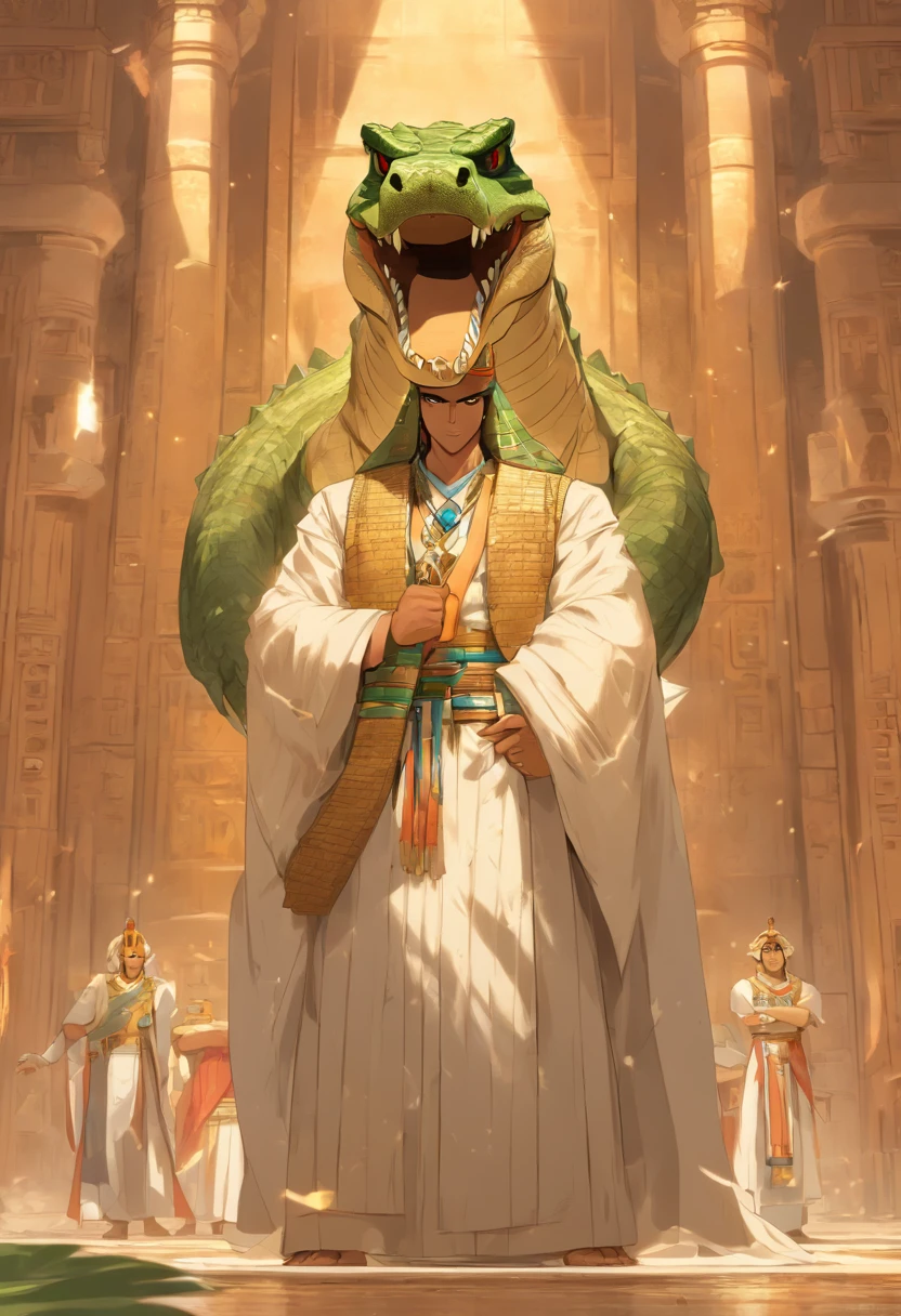 (((Man body and crocodile head))) best quality, very high resolution, 4K detailed CG, masterpiece, Egyptian mythology, Atum-Ra, sun in the background, Ancient Egypt, standing pose, crocodile head , white clothes, Egyptian clothes, Egyptian temple, desert, Ancient Egypt, ((crocodile head, man's body)), Egyptian palace, aesthetics, beautiful image, centered on screen, standing pose