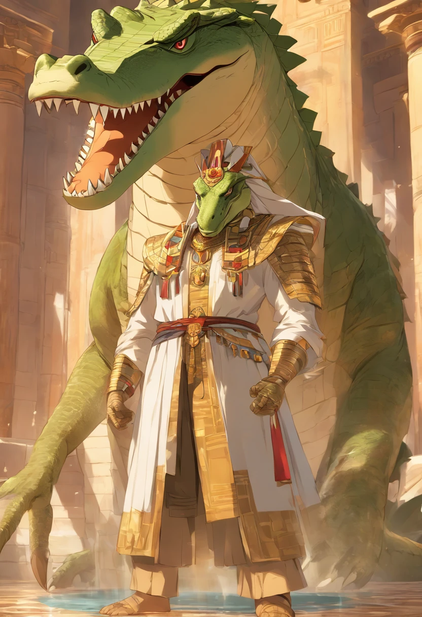 Hunk, alligator, Egyptian god, sobek, white cloth around hips, subtle bulge,toothy grin, arms crossed, dutch angle