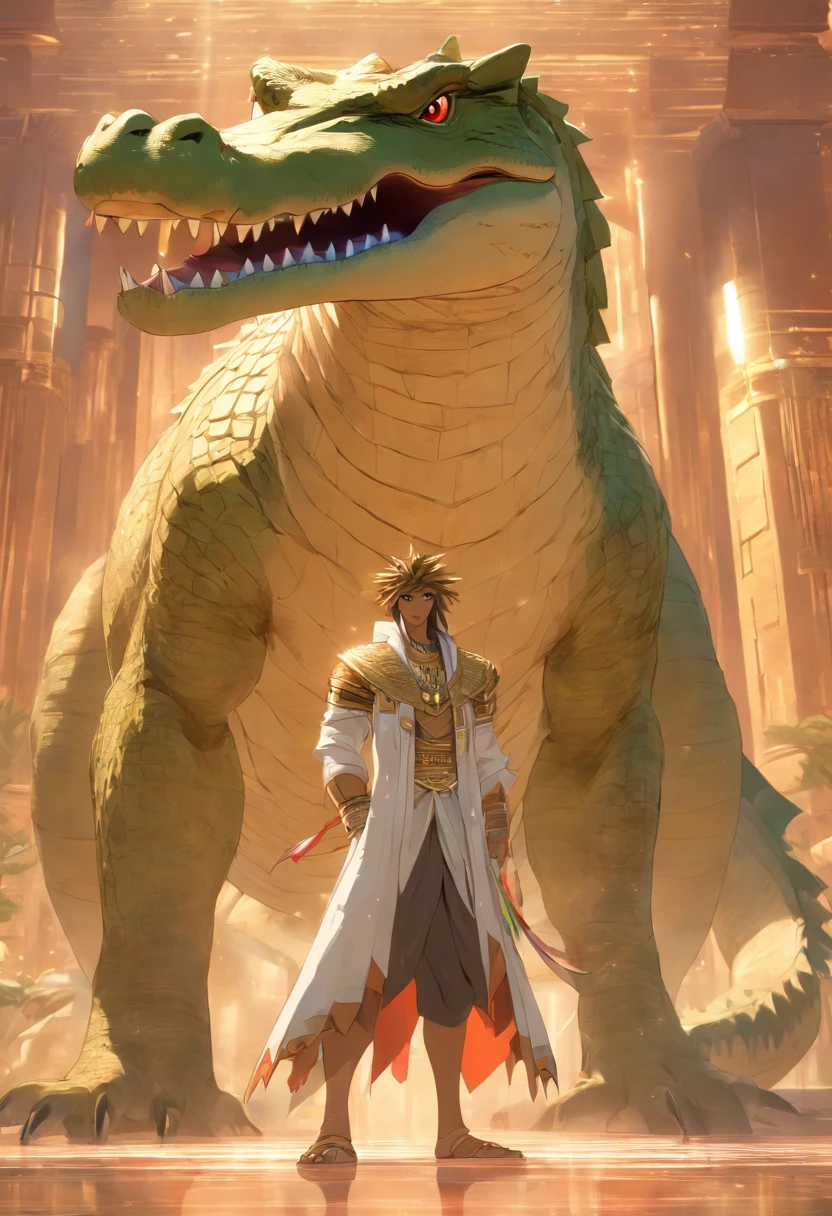 (((Man body and crocodile head))) best quality, very high resolution, 4K detailed CG, masterpiece, Egyptian mythology, Atum-Ra, sun in the background, Ancient Egypt, standing pose, crocodile head , white clothes, Egyptian clothes, Egyptian temple, desert, Ancient Egypt, ((crocodile head, man's body)), Egyptian palace, aesthetics, beautiful image, centered on screen, standing pose