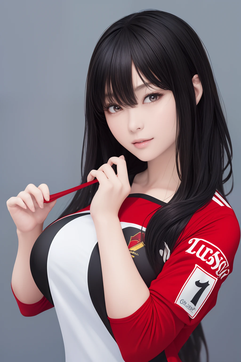 The upper part of the body、an oil painting、masterpiece、top-quality、hight resolution、long black hair、black backgrounds、bustshot、Loose and fluffy perm、Short-sleeved soccer jersey、red uniforms、Red Arsenal clothes, Super big breast, (W cup), Happy,realistic girl,body wet tight sperm