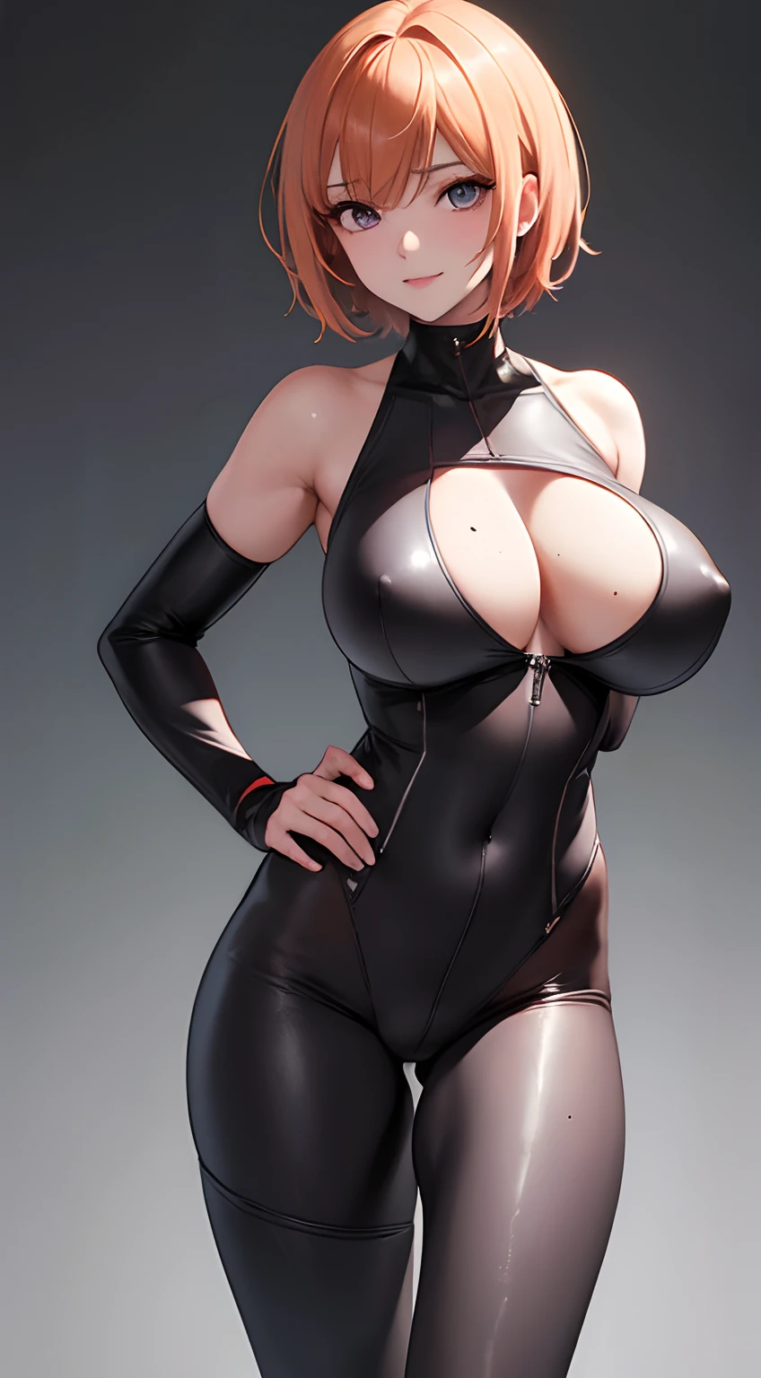 (Best quality,4K,8K,A high resolution,Masterpiece:1.2),Ultra-detailed,(Realistic,Photorealistic,photo-realistic:1.37),hdr,hyper HD,Studio lighting,Ultra-fine painting,Sharp focus,Physically-based rendering,Extreme detail description,professional,,Horror,anime big breast,Sci-fi,Photography,Concept artist,Five fingers,huge tit,Buttock augmentation,Bursting chest,A 20-year-old woman,Dirt and long legs,Fitness model,Orange mushroom head short hair,Purple eye,The whites of the eyes and pupils are clearly colored,Height 155cm, mole under right eye, Fair skin,Happy expression,in  black tight bodysuit,The posture of bending down to pick up something, Close-up butt, full bodyesbian,Look forward from behind, Rear view diagram,((white backgrounid)),Cospaly Promotion,All roles,Shot with Canon 5D MK4,Cospali photo.