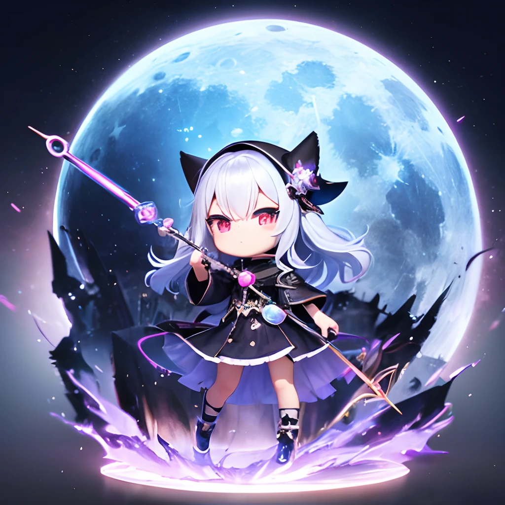 Anime - Black Witch Style Puppets, Detailed full moon background, render of a cute 3d anime girl, cute 3d render, Anime style. White and blue hair,holding a magic wand、 photorealistic anime girl render, anime styled 3d, (anime chibi), (Chibi Anime Girl), Advanced Digital Chibi Art, Chibi Girl