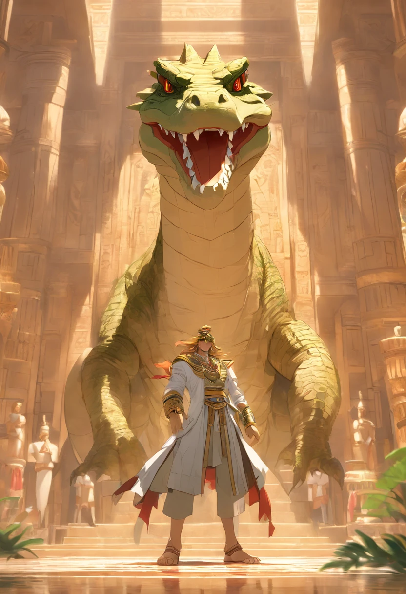 (((Man body and crocodile head))) best quality, very high resolution, 4K detailed CG, masterpiece, Egyptian mythology, Atum-Ra, sun in the background, Ancient Egypt, standing pose, crocodile head , white clothes, Egyptian clothes, Egyptian temple, desert, Ancient Egypt, ((crocodile head, man's body)), Egyptian palace, aesthetics, beautiful image, centered on screen, standing pose