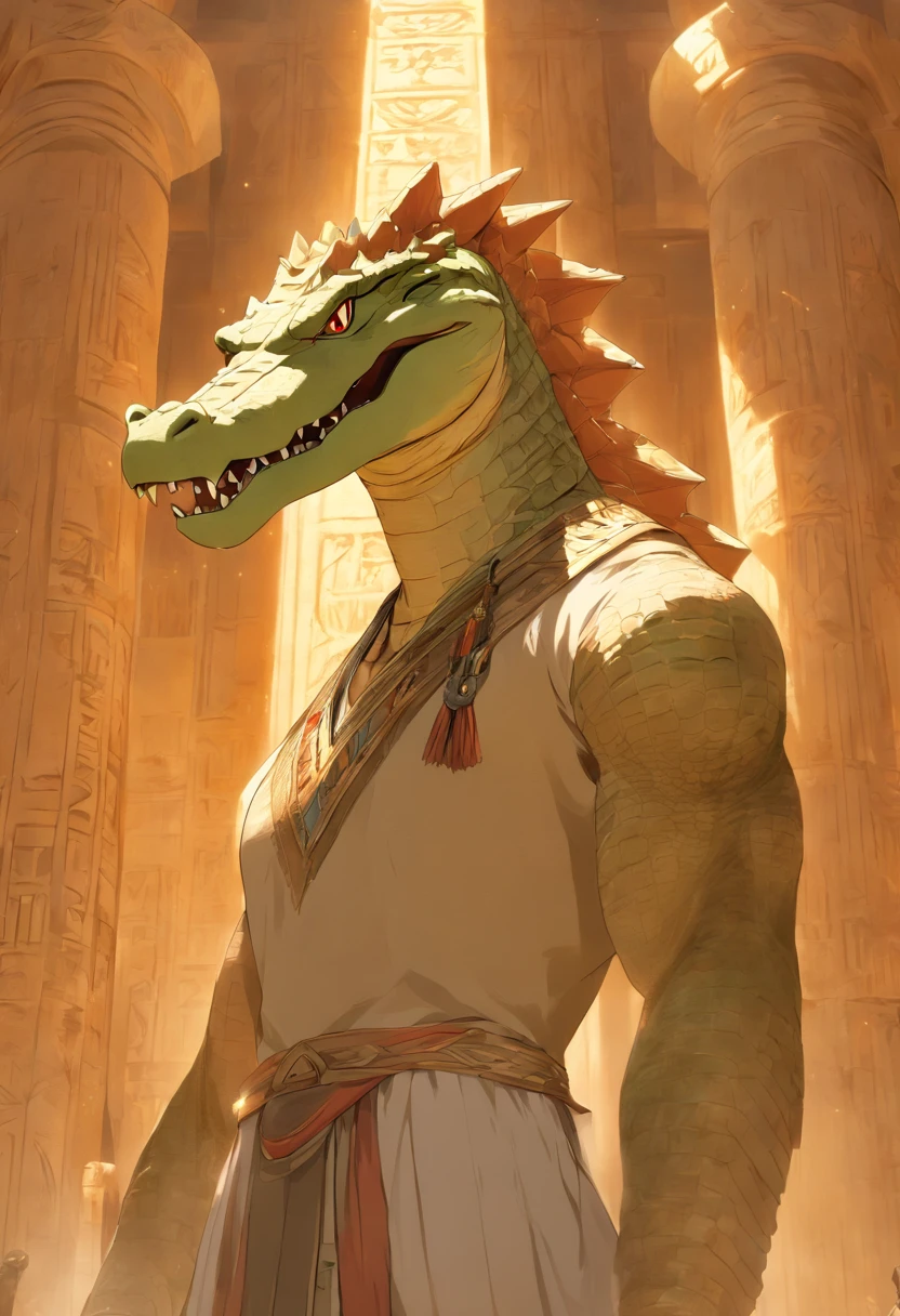 (((Man body and crocodile head))) best quality, very high resolution, 4K detailed CG, masterpiece, Egyptian mythology, Atum-Ra, sun in the background, Ancient Egypt, standing pose, crocodile head , white clothes, Egyptian clothes, Egyptian temple, desert, Ancient Egypt, ((crocodile head, man's body)), Egyptian palace, aesthetics, beautiful image, centered on screen, standing pose