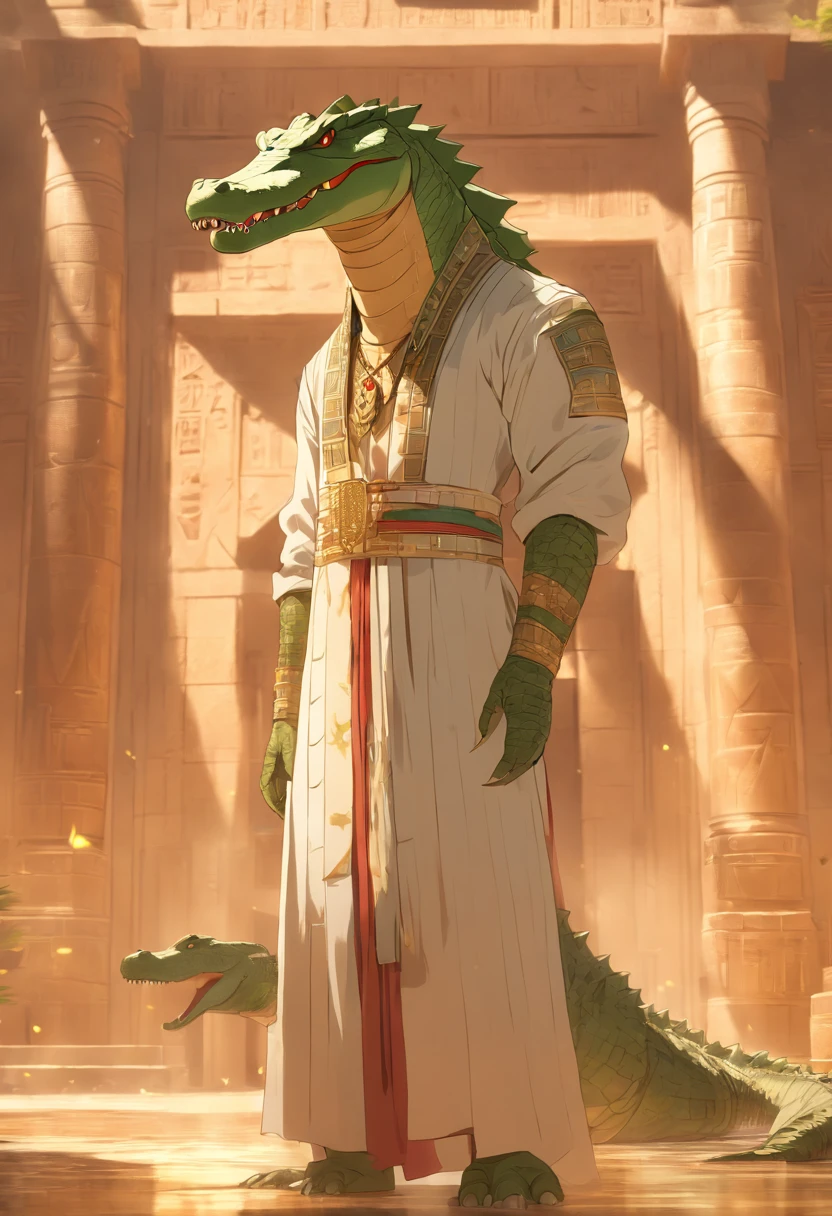(((Man body and crocodile head))) best quality, very high resolution, 4K detailed CG, masterpiece, Egyptian mythology, Atum-Ra, sun in the background, Ancient Egypt, standing pose, crocodile head , white clothes, Egyptian clothes, Egyptian temple, desert, Ancient Egypt, ((crocodile head, man's body)), Egyptian palace, aesthetics, beautiful image, centered on screen, standing pose
