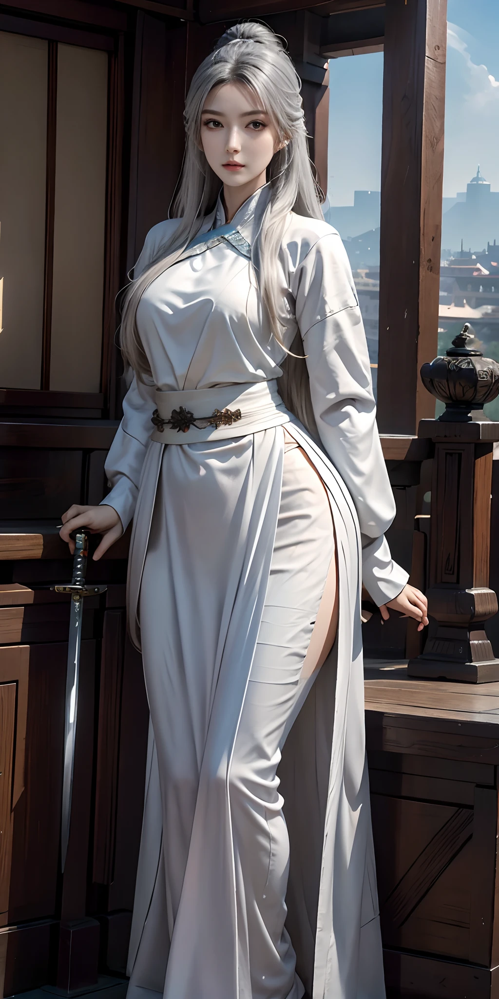 Photorealistic, high resolution, Soft light,1womanl, Solo, Hips up, view the viewer, (Detailed face), Long hair, Beautiful girl, Hanfu, east asian architecture,sword sheath,architecture, tattoo, jewelry