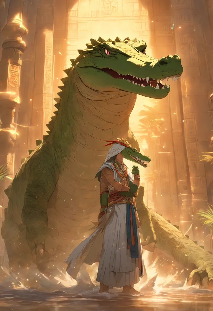 (((Man body and crocodile head))) best quality, ultra-high resolution, 4K detailed CG, masterpiece, Egyptian mythology, Sobek, sunrise, Ancient Egypt, standing pose, bird head, white clothes, Egyptian clothes, underworld, stream, Nile river, river, desert, Ancient Egypt, ((crocodile head, man's body)), sunrise, aesthetics, beautiful image, centered on screen, standing pose, sun being born