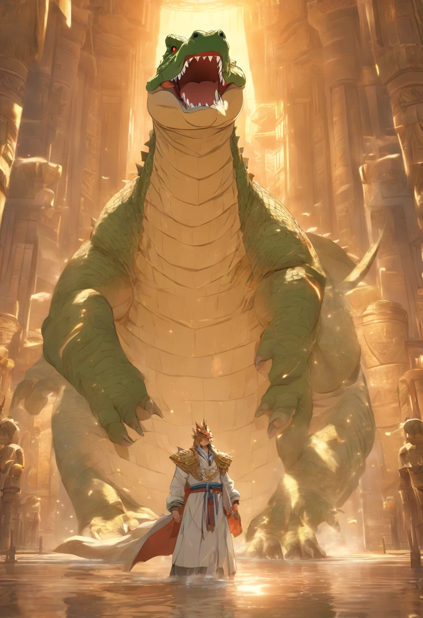 (((Man body and crocodile head))) best quality, ultra-high resolution, 4K detailed CG, masterpiece, Egyptian mythology, Sobek, sunrise, Ancient Egypt, standing pose, bird head, white clothes, Egyptian clothes, underworld, stream, Nile river, river, desert, Ancient Egypt, ((crocodile head, man's body)), sunrise, aesthetics, beautiful image, centered on screen, standing pose, sun being born