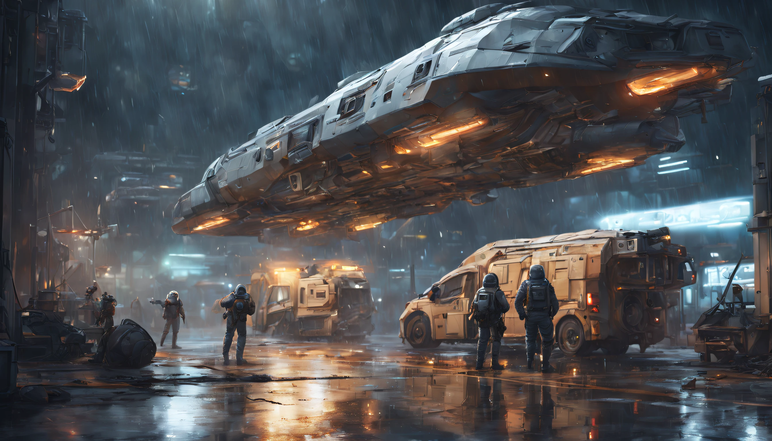 detailed, (spaceships on the ground:1.5), spaceship parking lot, long-distance workers, one spaceship taking off, rainy night, artstation render