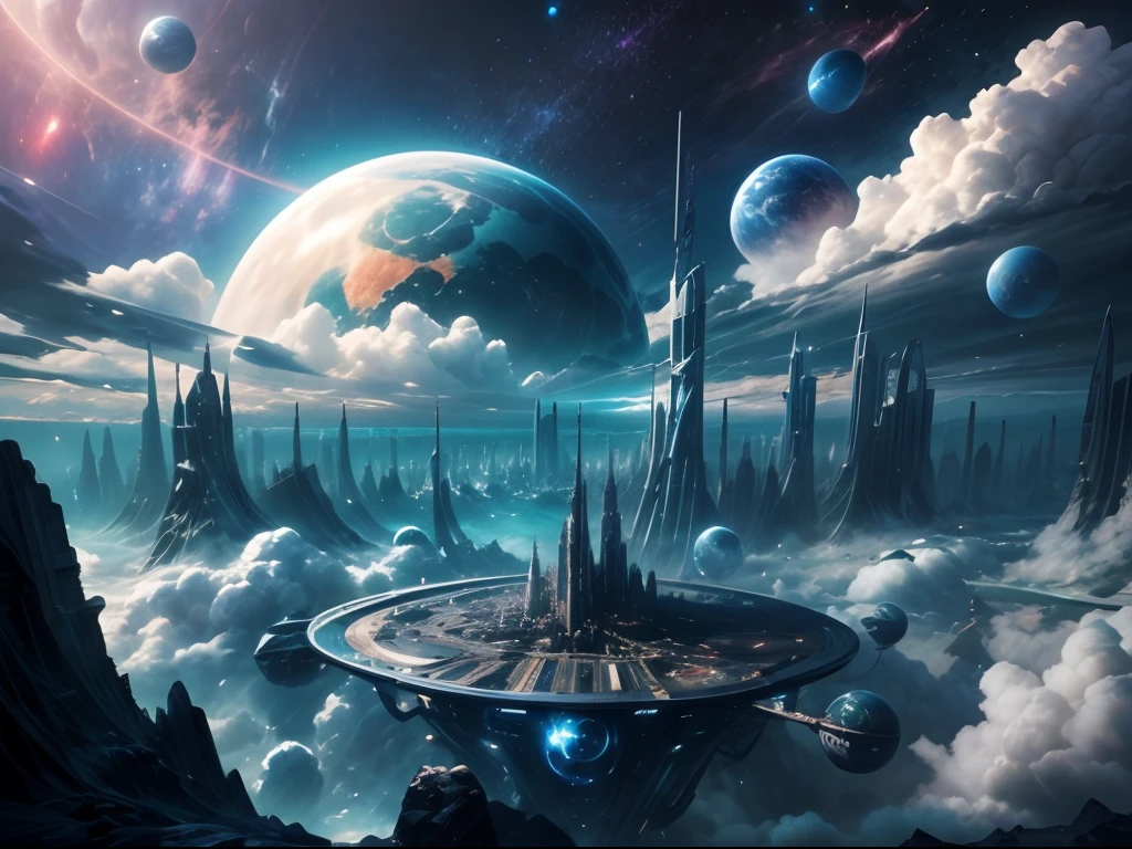 Giant azure planet,Beautiful shining interstellar city in the clouds,The city is a space port city,Absolutely outstanding,The city looks like something out of a science fiction movie,