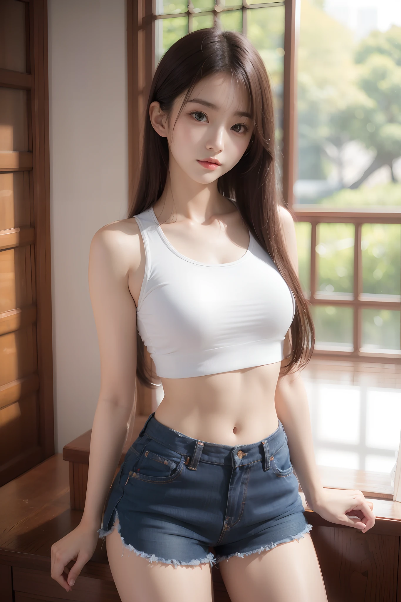 bule、full body Esbian、bustup、photo of a Young girl、model shoot tyle、brown haired、shorth hair、(Look at viewers:1.2)、(Detailed pupils:1.3)、(natural soft light)、(魅惑的)、 [:(film grains、25mm、F / 1,2、degrees of freedom、bokeh dof、beautiful countenance、super-detaild skin、Perfect glowing eyes、skin pore、Soft hair、Muscle tension and definition、Stitching of the fabric、Fabric texture、Wood grain、Stone Texture、Well-defined pupils、Prominent marginal rings、 High contrast eyes、Detailed features:0.7):0.7]