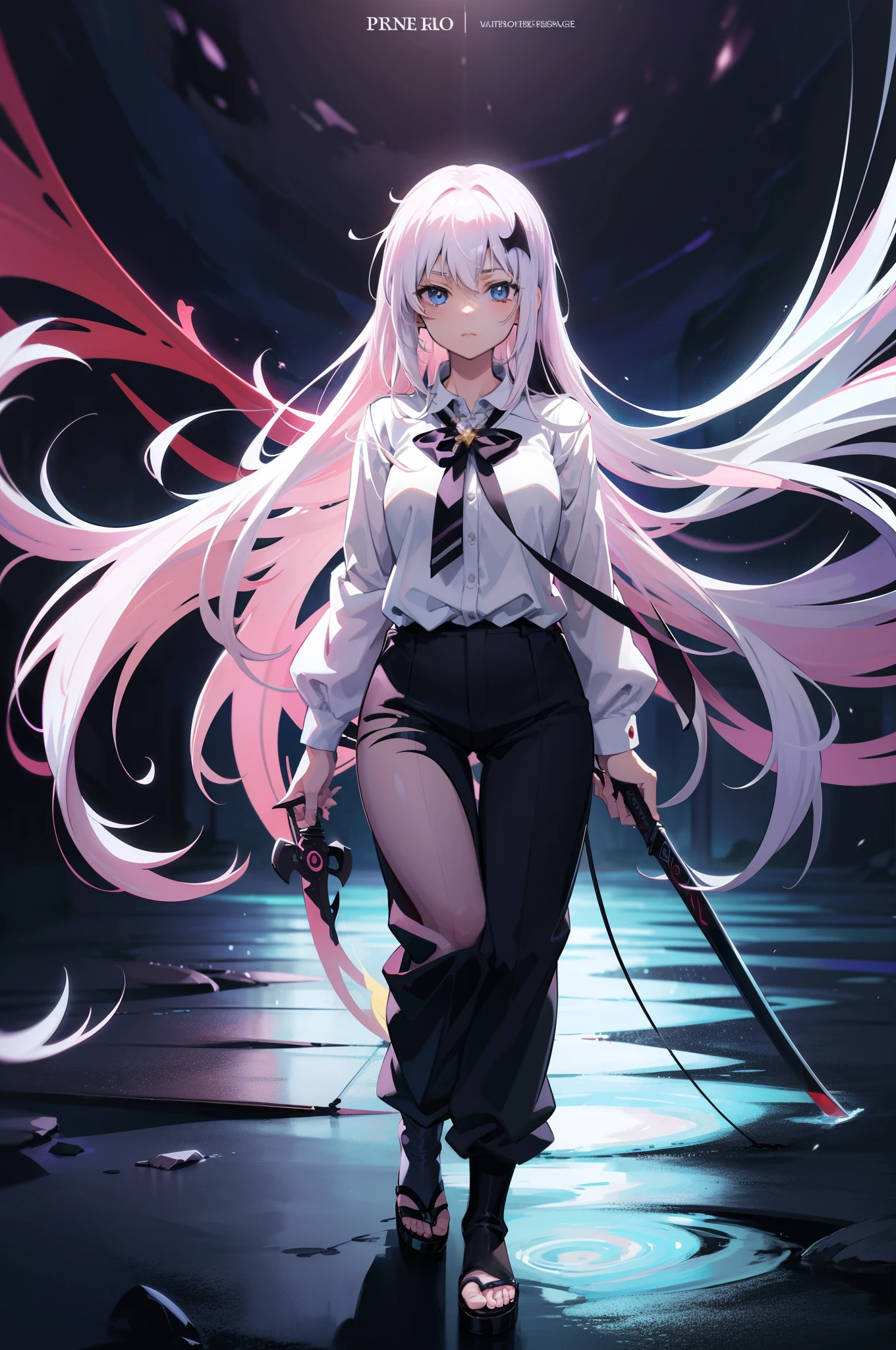 anime girl with long white hair and heterochromia eyes holding a sword , anime style 4 k, anime moe artstyle, gapmoe yandere grimdark, 4k anime wallpaper, demon anime girl, anime wallaper, ufotable art style, anime art wallpaper 8 k, portrait gapmoe yandere grimdark, anime wallpaper 4k, anime wallpaper 4png, long pants, long shirt