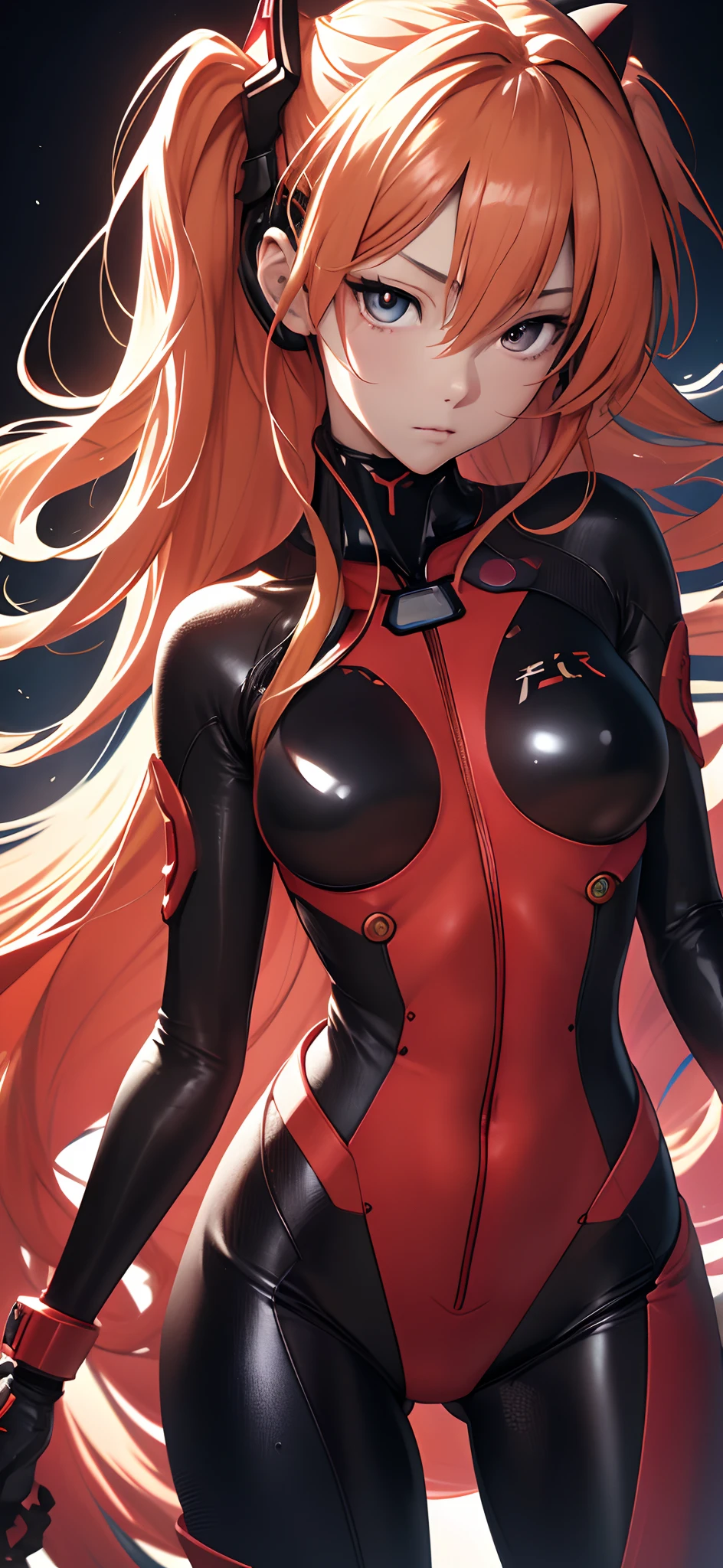 official art, Unity 8K wallpaper, ultra detailed, beautiful and aesthetic, masterpiece, best quality, realistic, close-up, skindentation, souryuu asuka langley, headset interface, bodysuit under clothes, detailed eyes, detailed face, detailed hair, black background, straight-on, looking at the viewer, shiny,