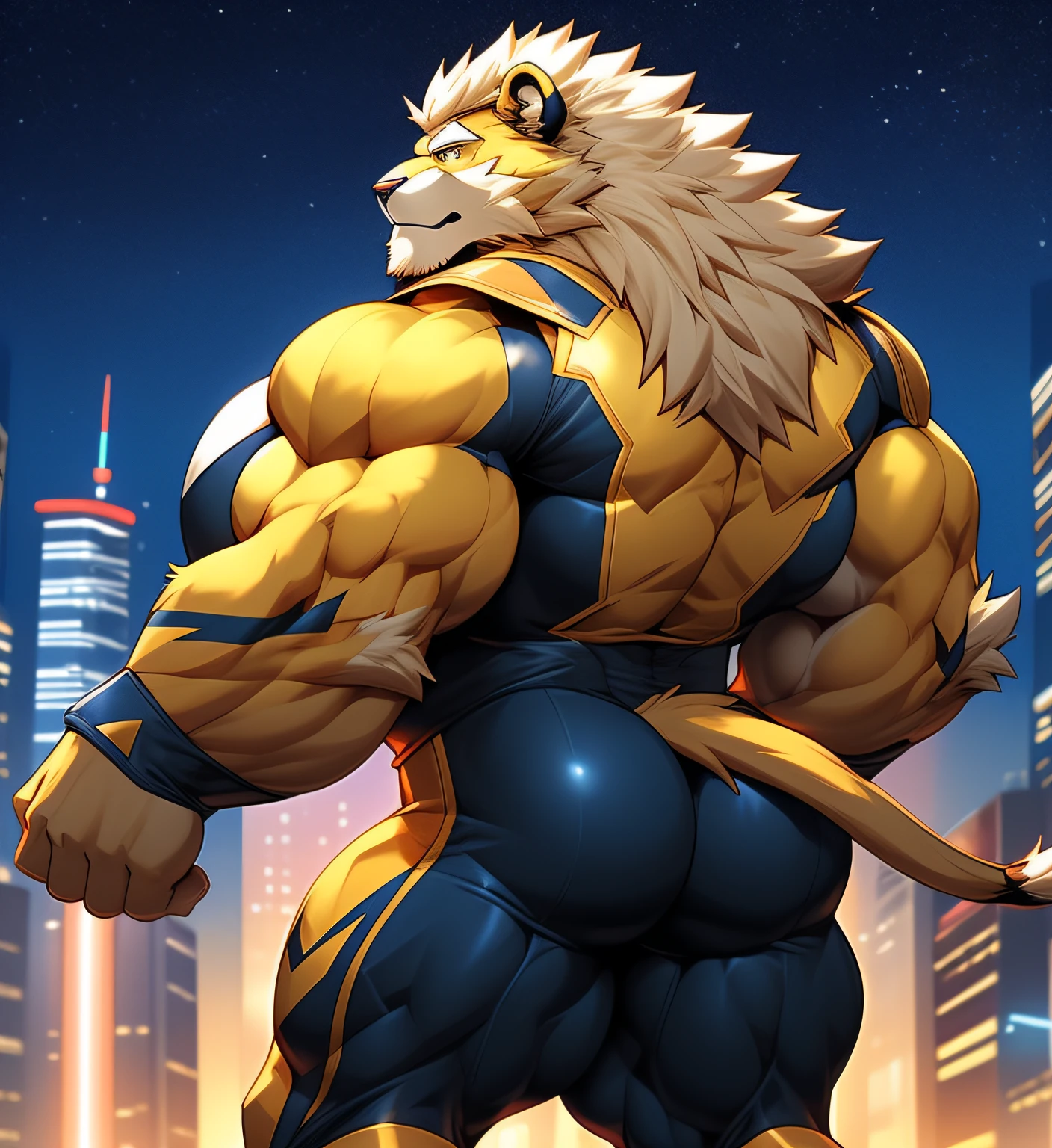 City background, skyscraper, futuristic city, night, stars, night lights, Arcanine Gigachad, super hero, hero, bodysuit, massive muscles, huge pecs, ((massive pectorals)) ((huge pectorals)) chiseled abs, huge pectorals, exaggeratedly huge muscles. A furry hero whose presence inspires trust and respect. (((His hero costume is black and golden.))) (((BACK))) huge muscular thighs firm, round buttocks and round butt in with his back, lion tail, long tail, huge ass ((huge buttocks))