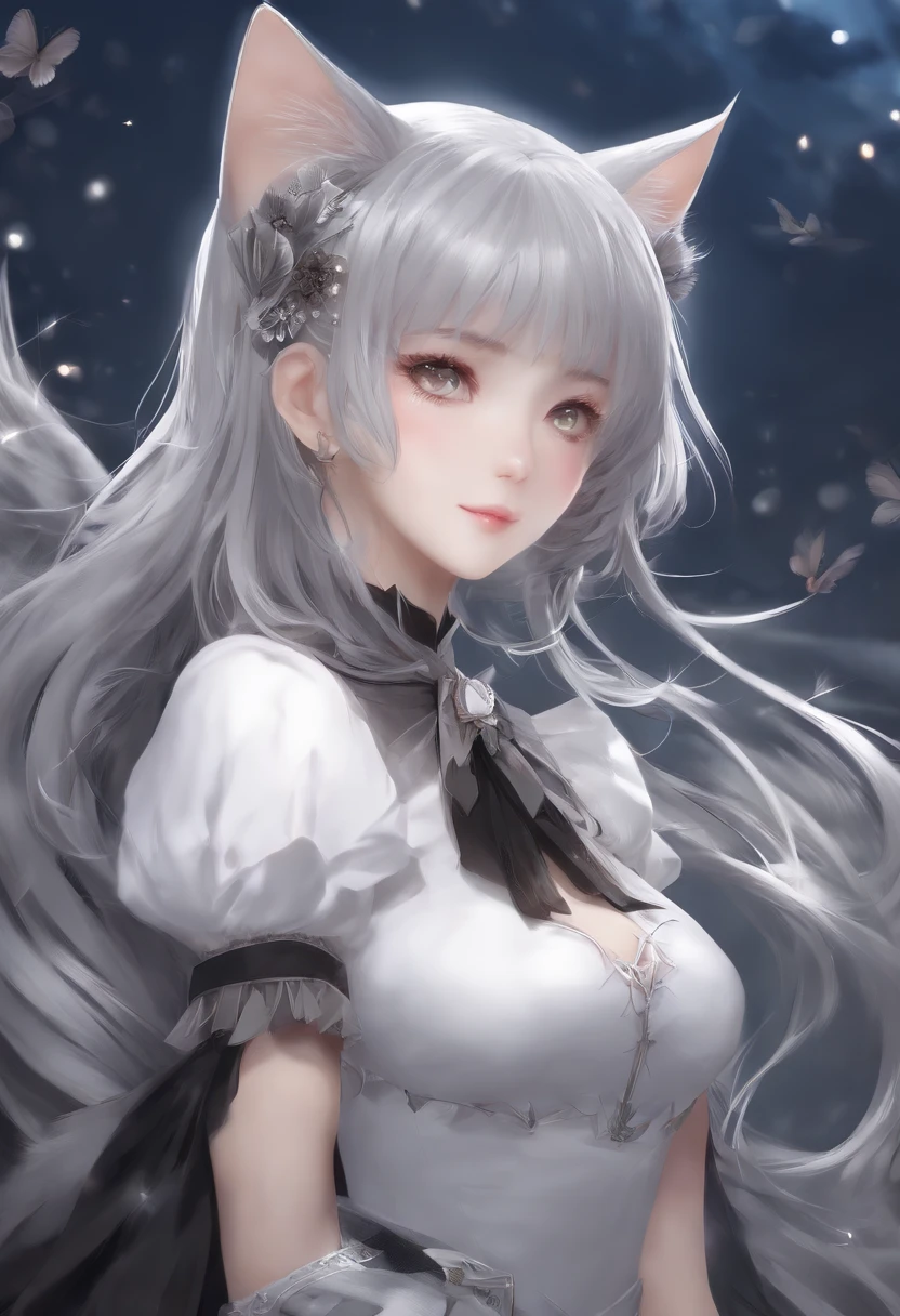 (Masterpiece, Best Quality, High Resolution: 1.2), 1 Girl, Solo, Twin Tails, Grey Eyes, Upper Body, Dress, Silver Hair, Cat Ears