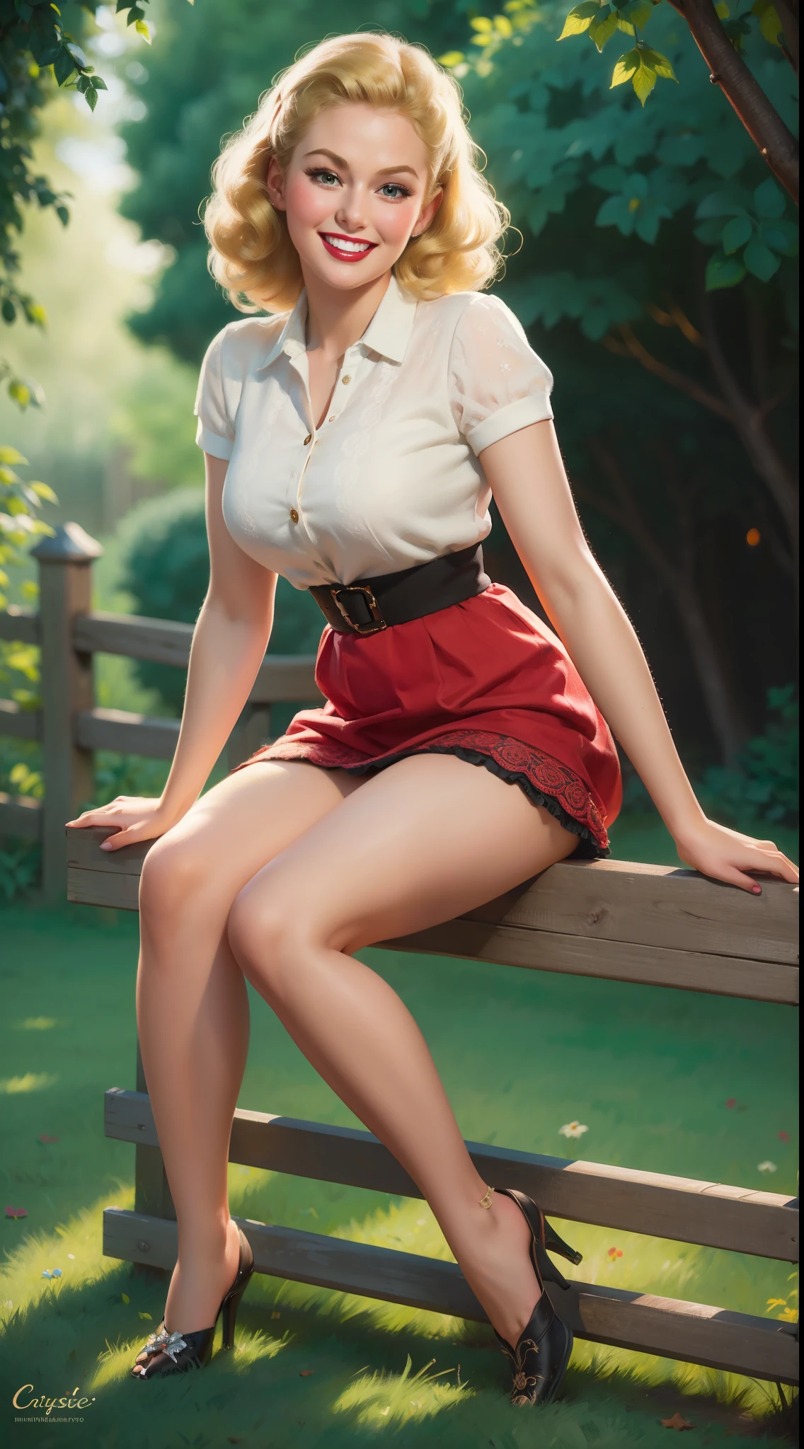 A stunning woman in a retro pin up style, with a seductive pose and a bold attitude. sexy, surprised , medium breast, slim body, shining skin, sitting on the ground, flowers background, garden, dramatic lighting, pin up style, sexy, surprised up skirt, flowing skirt, colorful , masterpieces, illustrated,