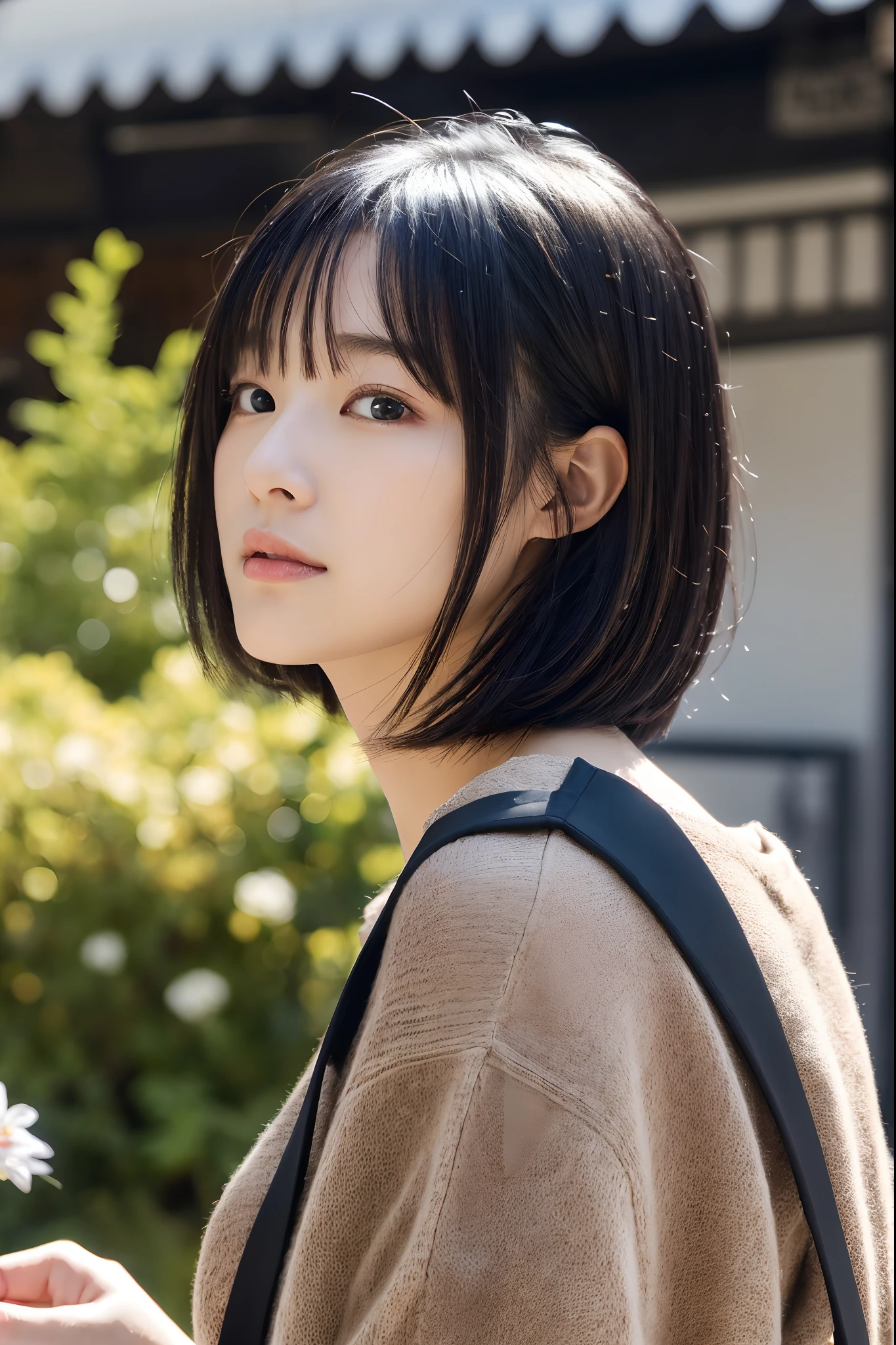 , Blown by the long wind [blue-black:.3] hair,Looking at Viewer, (masutepiece:1.3), (8K, Photorealistic, Raw photo, Best Quality: 1.4), Japanese, (1girl in), Beautiful face, (Realistic face), (Black hair, Short hair:1.3), Beautiful hairstyle, Realistic eyes, Beautiful detailed eyes, (Realistic skin), Beautiful skin, Attractive, 超A high resolution, A hyper-realistic, Highly detailed, Golden ratio,、乃木坂アイドル、韓国アイドル、hposing Gravure Idol、女優、25-years old、tall、cafes、resturant、Italy、Americans、Australia、