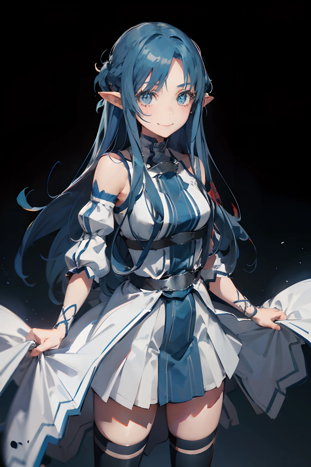 original outfit, 1girl, solo, long hair, thighhighs, blue thighhighs, smile, zettai ryouiki, arms behind back, looking at viewer, leaning forward, detached sleeves, skirt,