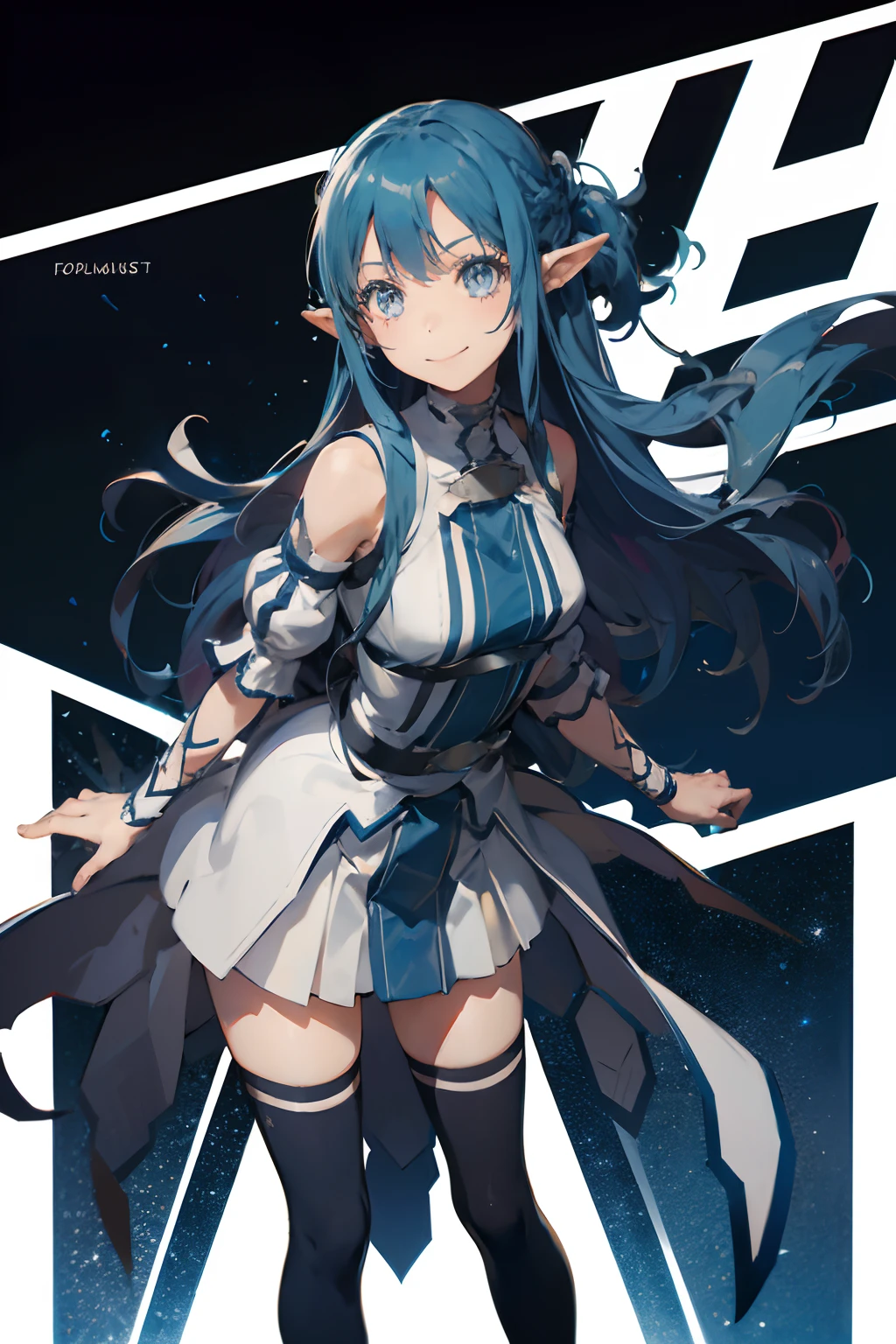 original outfit, 1girl, solo, long hair, thighhighs, blue thighhighs, smile, zettai ryouiki, arms behind back, looking at viewer, leaning forward, detached sleeves, skirt,