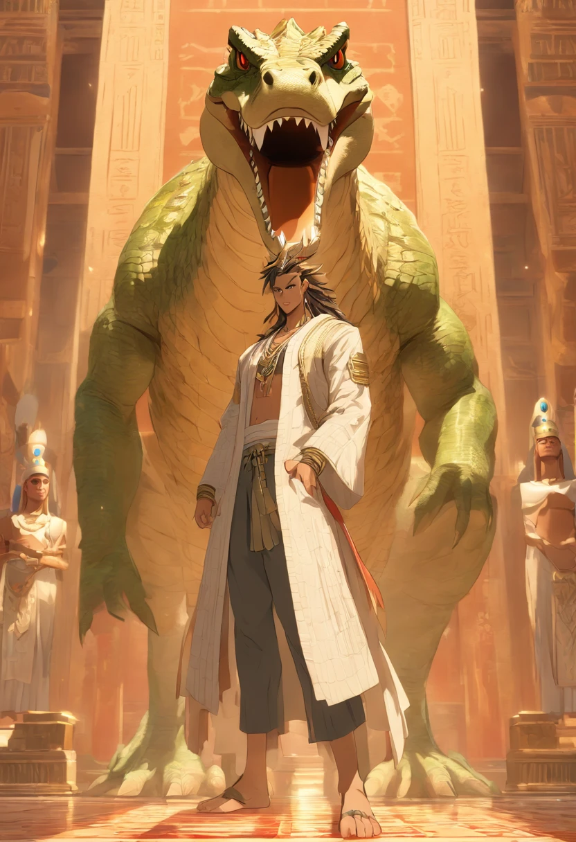 (((Man body and crocodile head))) best quality, very high resolution, 4K detailed CG, masterpiece, Egyptian mythology, Atum-Ra, sun in the background, Ancient Egypt, standing pose, crocodile head , white clothes, Egyptian clothes, Egyptian temple, desert, Ancient Egypt, ((crocodile head, man's body)), Egyptian palace, aesthetics, beautiful image, centered on screen, standing pose