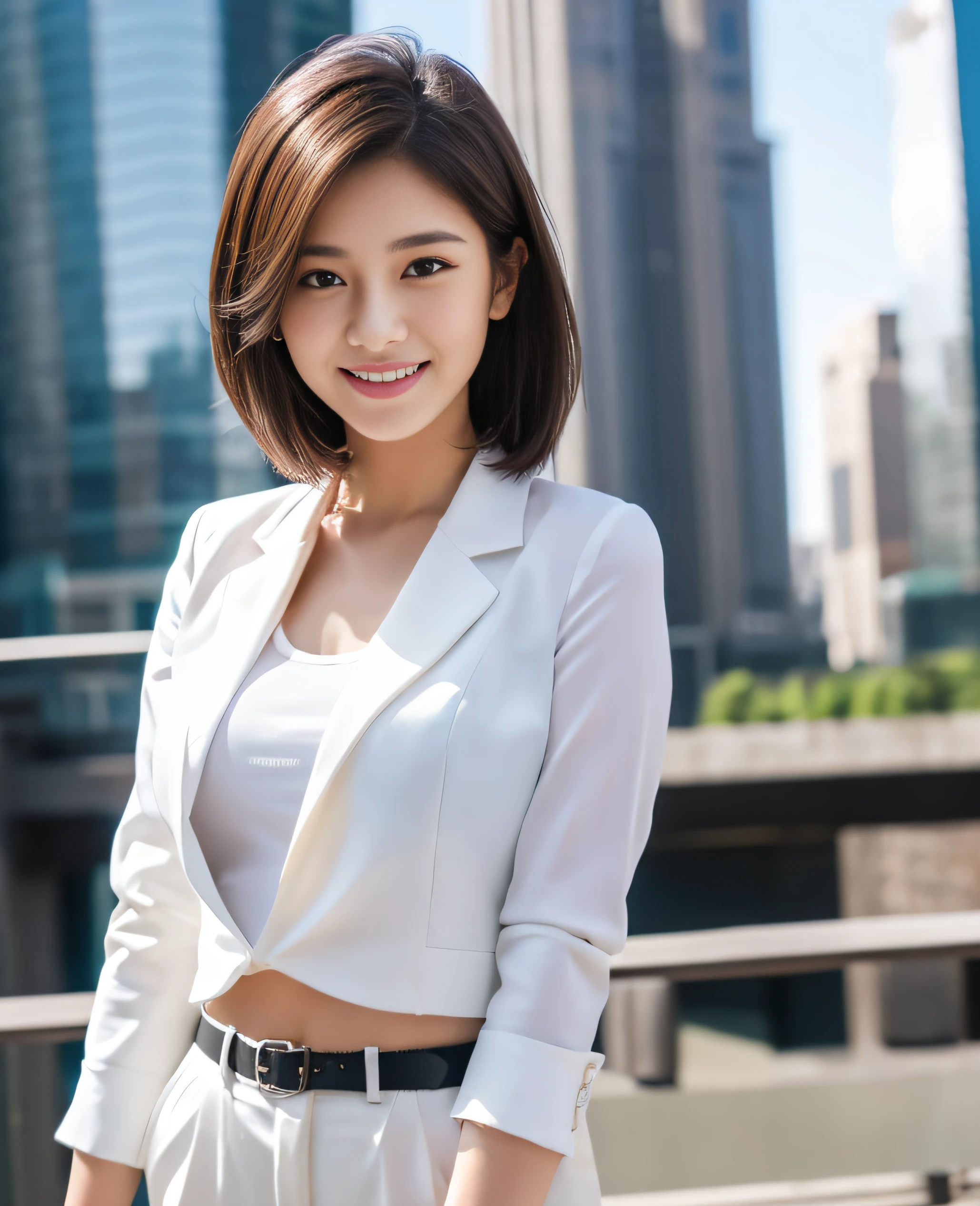 ((Best quality, 8k, Masterpiece: 1.3)), 1 girl, smiling, full body, slim face, pretty woman, short dark brown hair, white crisp shirt on the upper body, black straight suit pants on the upper body, High heels, super detailed face, detailed eyes, double eyelids, blurred background, slim face, skyscrapers, waist shot,
